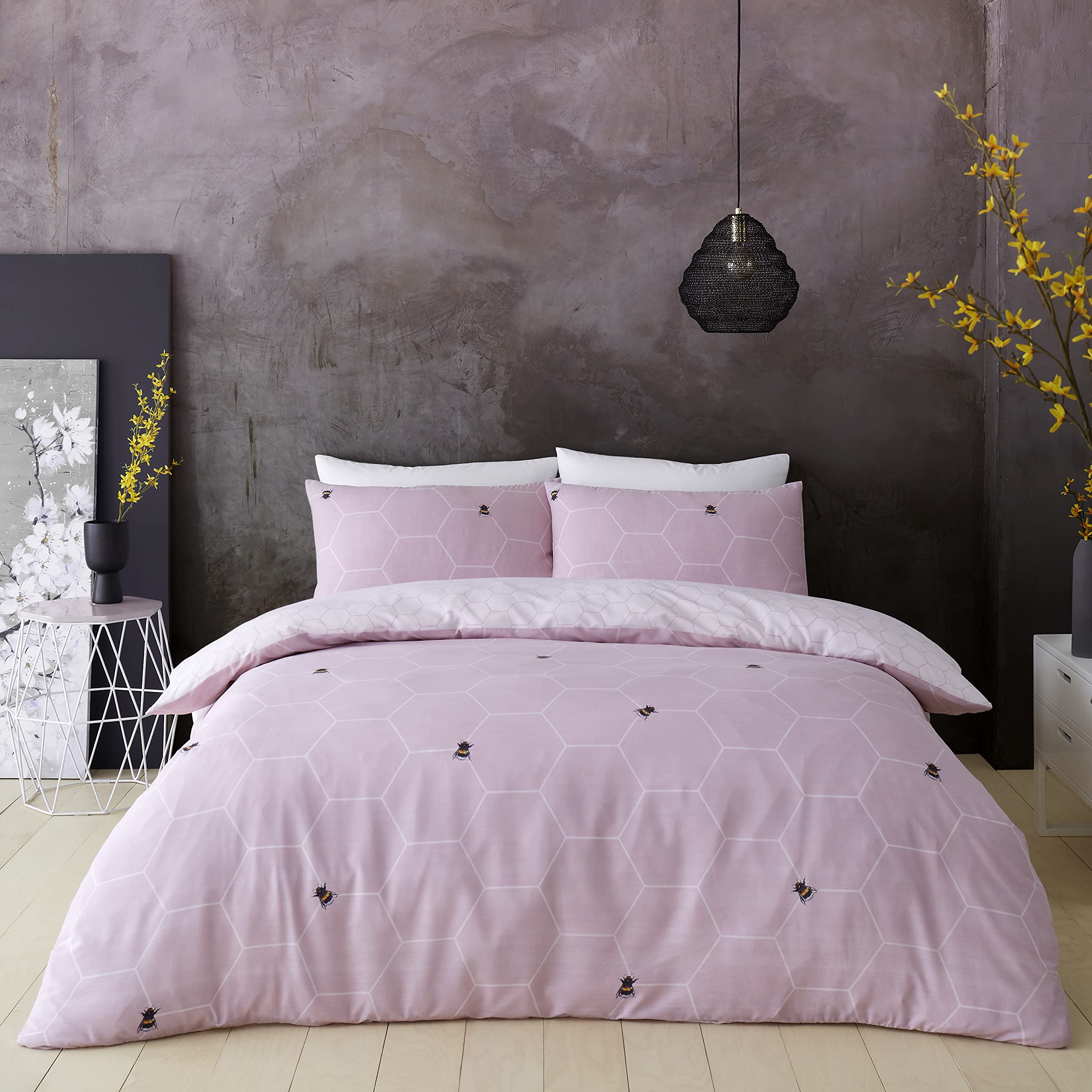 Gc Gaveno Cavailia Bee Happy-Blush Pink Printed Duvet Cover Sets, Reversible Bedding Bed Set, Polycotton Quilt Covers, Single