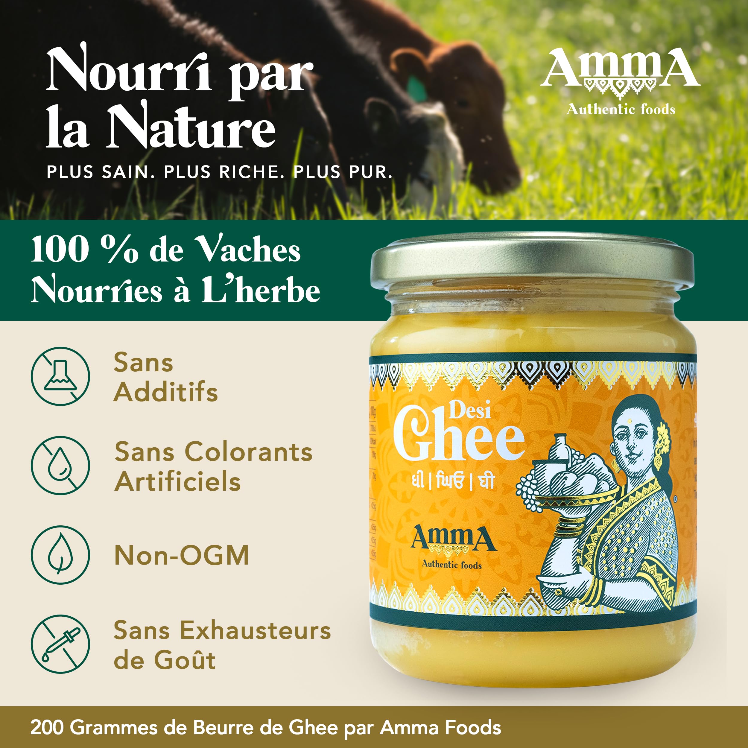 Ghee Beurre Clarifié 400g de Amma Authentic Foods ® - Beurre Indien Ghee, Beurre Ghee Paléo et Keto Friendly, Desi Ghee Grass Fed