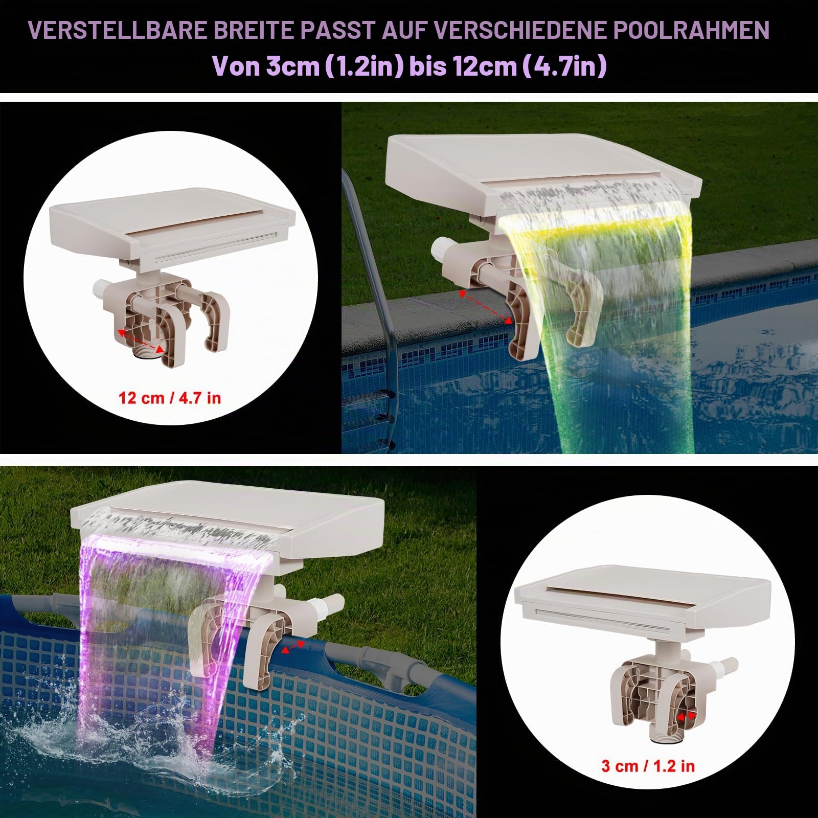 Poolbrunnen Wasserfall für oberirdische Pools, Schwimmbad Aufsatz Zubehör, mit 7 LED-Licht