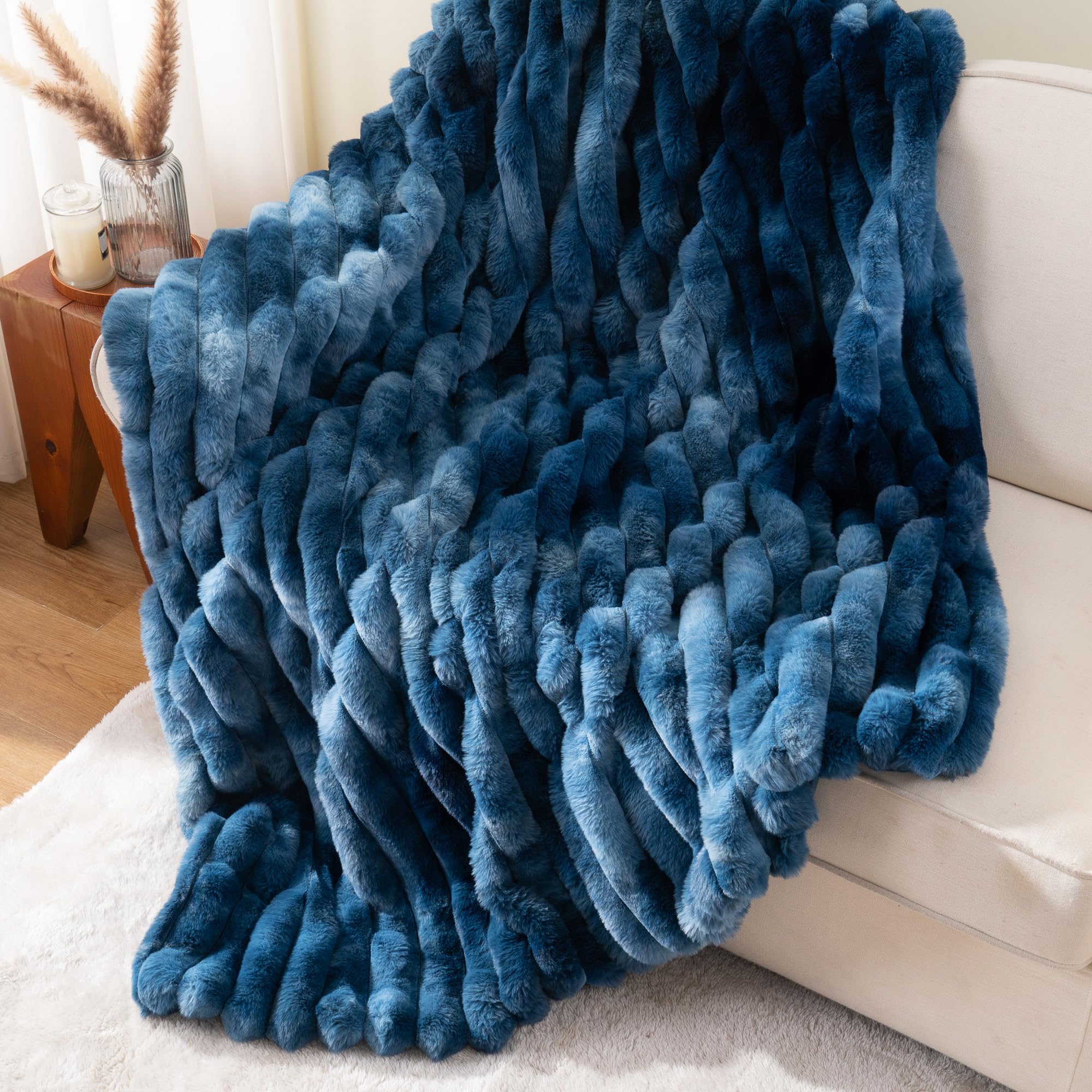 Battilo Faux Rabbit Fur Throw Blanket, Navy Sofa Throws Large, 150x200cm
