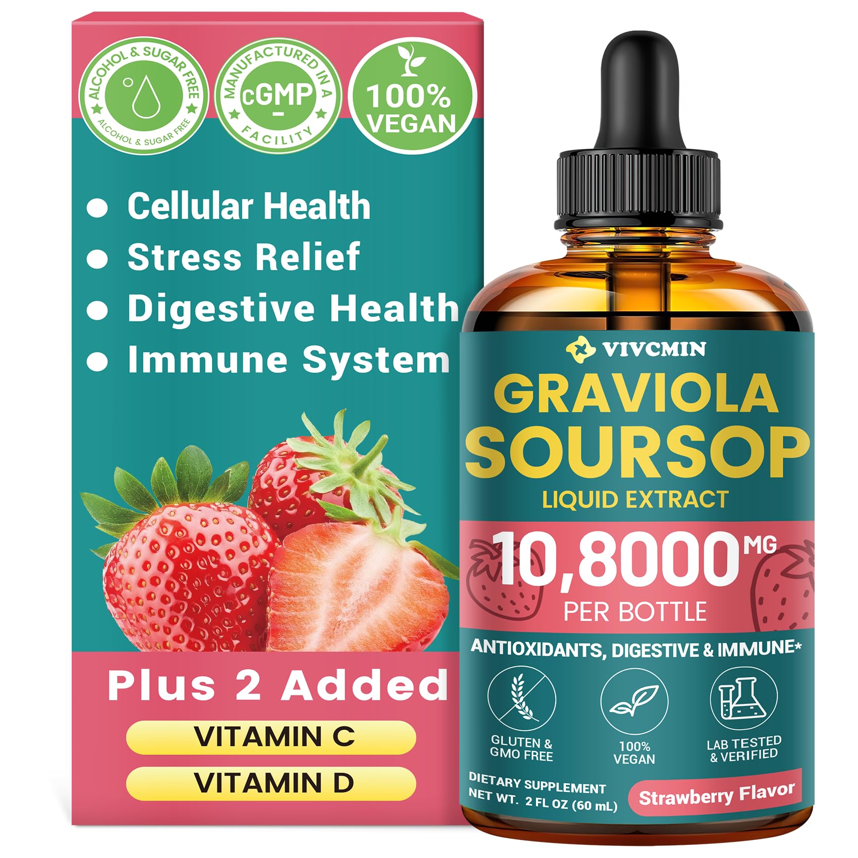 Graviola Soursop Leaf Extract Liquid - Soursop Bitters Liquid, Support Immune, Relax, Liver and Sleep, Sugar & Alcohol-Free, Highly Absorbable Formula, Strawberry Flavor, 2 Fl Oz