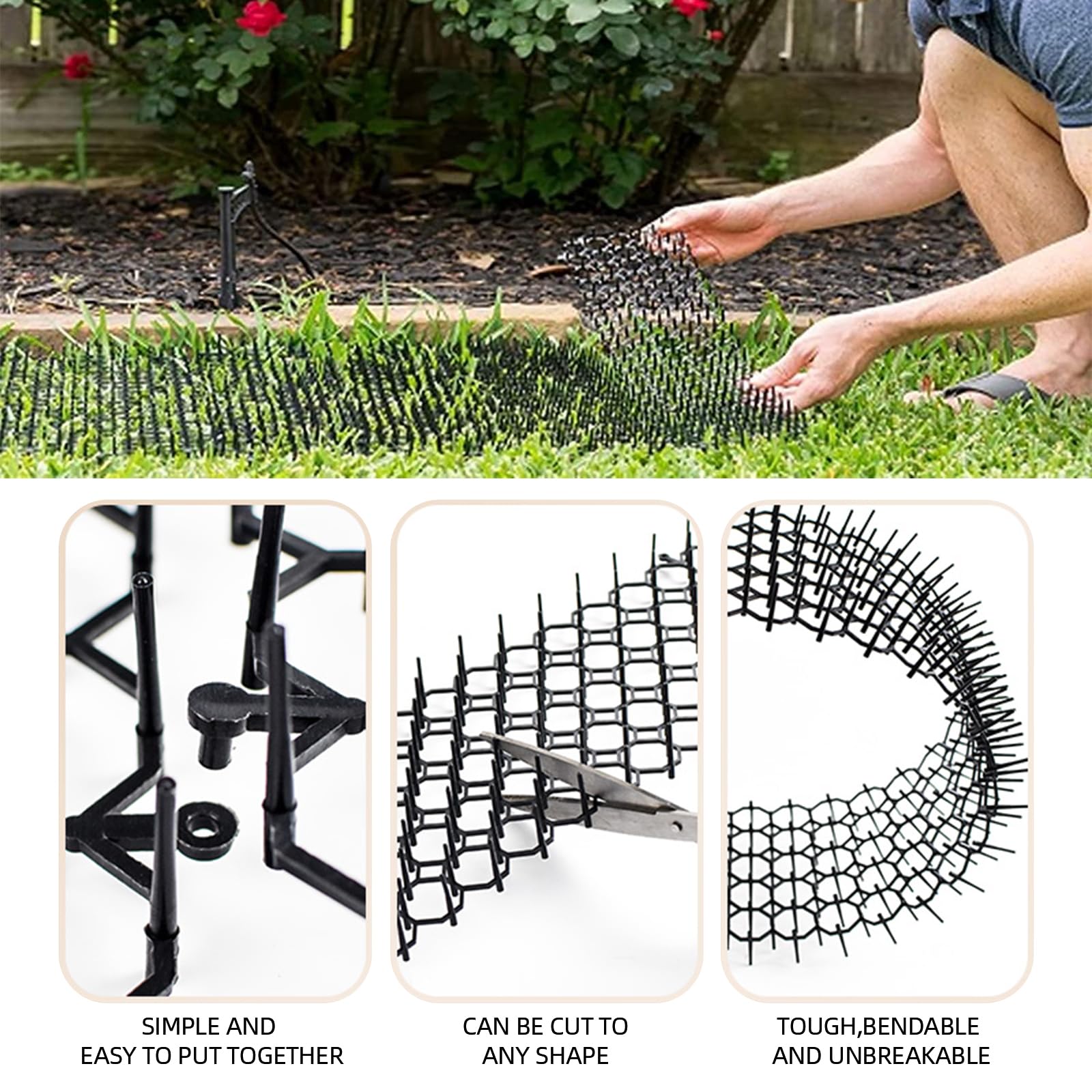 12Pcs Anti Cat Spikes,15 * 20cm Plastic Scat Mat with Repellent Mats Prickle Stirp Pet Deterrent Net 12 U-shaped Pegs 20 Zip Ties Glove for Garden Fence Lawns - Image 3