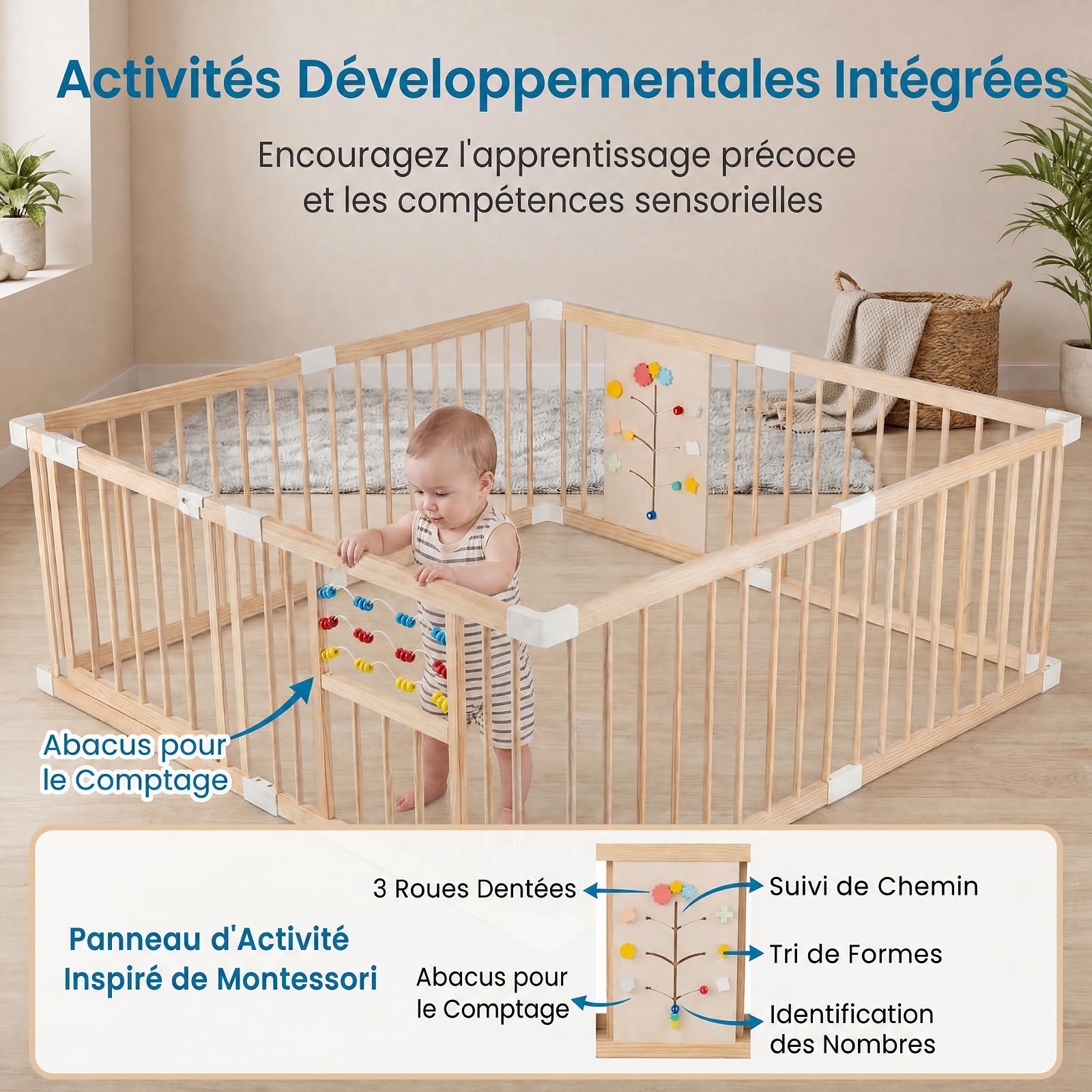 RELAX4LIFE Parc Bébé en Bois Pliable Montessori, Barrière de Sécurité 8 PCS | en Bois Non Peint avec Panneau d'Activités, Portillon de Sécurité, Barreaux Écartés 6cm, Gain de Place, 160x160cm