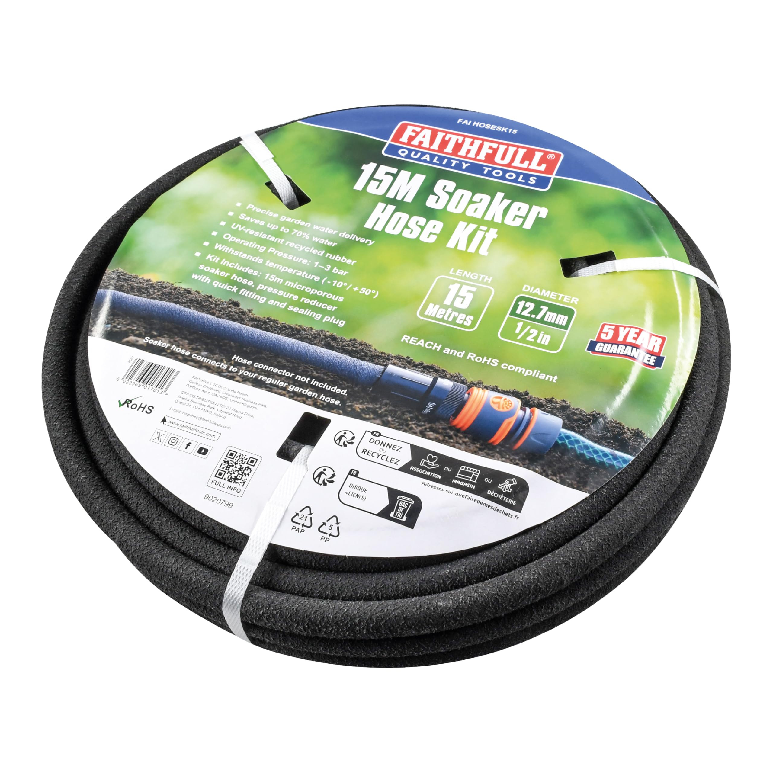 Faithfull Soaker Hose Kit 15M (49ft) 12.5mm (1/2in) – Micro Porous Water-Saving Garden Drip Irrigation Hose, UV & Frost Resistant with Quick Fitting Pressure Reducer & Sealing Plug