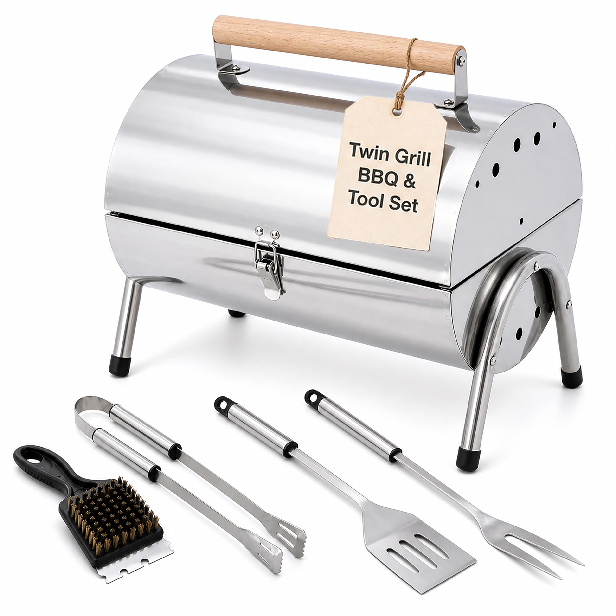 Garden Mile Parrilla grande de carbón de acero inoxidable para barbacoa de medio barril abierto, portátil, parrilla de carbón con mango de madera para el hogar, bar, jardín, fiesta