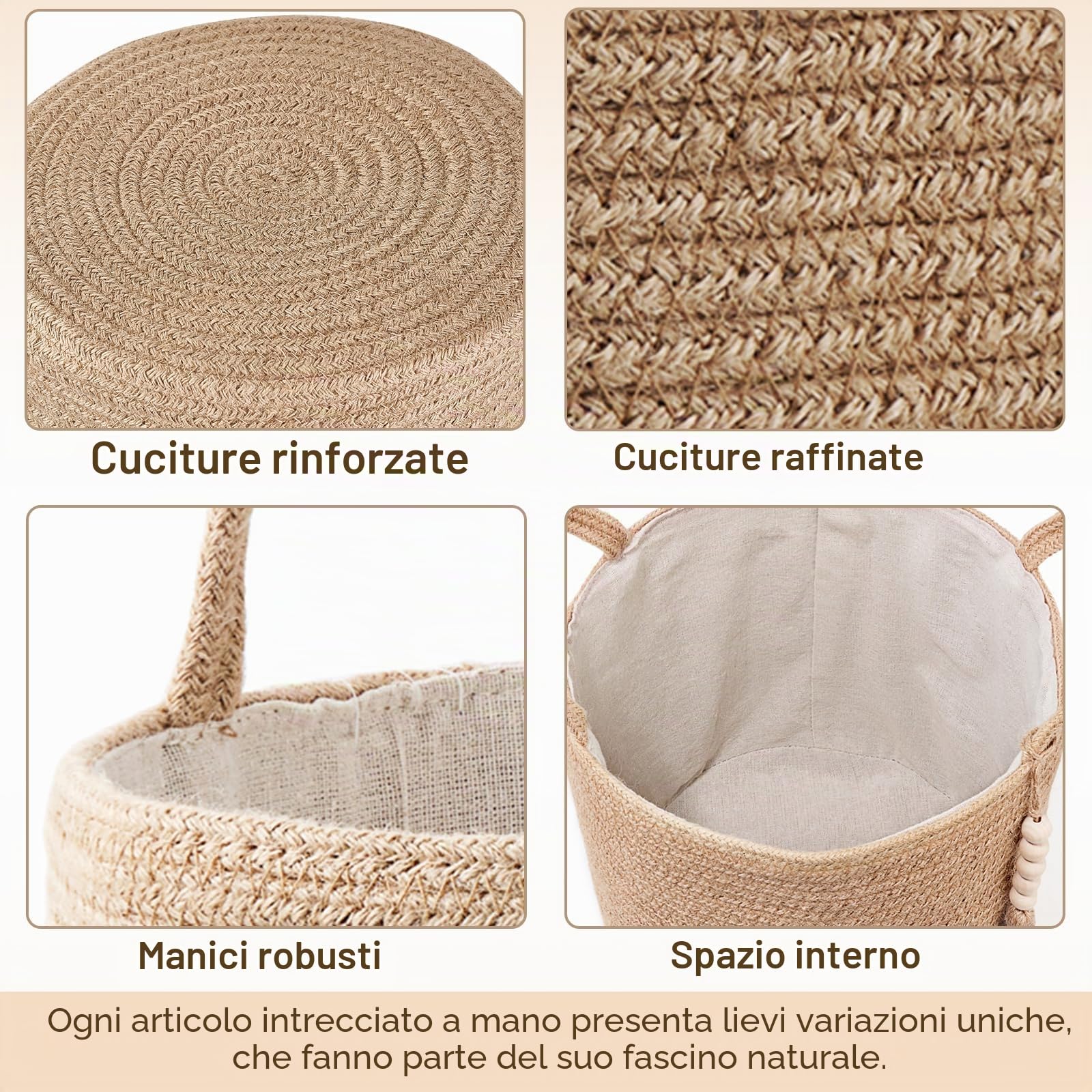 Mkono Cesto portabiancheria alto in vimini intrecciato, decorativo, in corda naturale, con perline in legno, decorazione per coperte, giocattoli, vestiti, scarpe, organizer per piante con manici, per