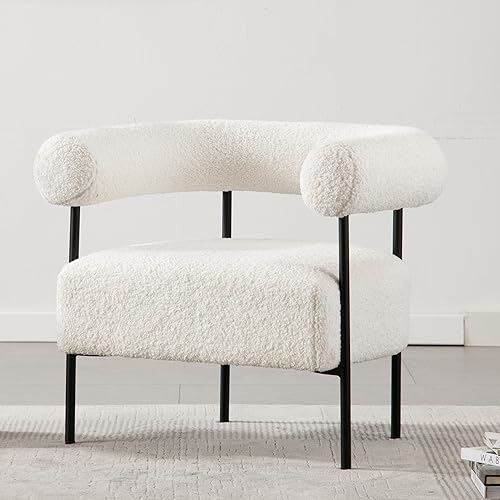 Boucle - Silla decorativa moderna con respaldo curvo, pequeña silla de tocador para sala de estar, sillón de barril de sherpa cómodo blanco con