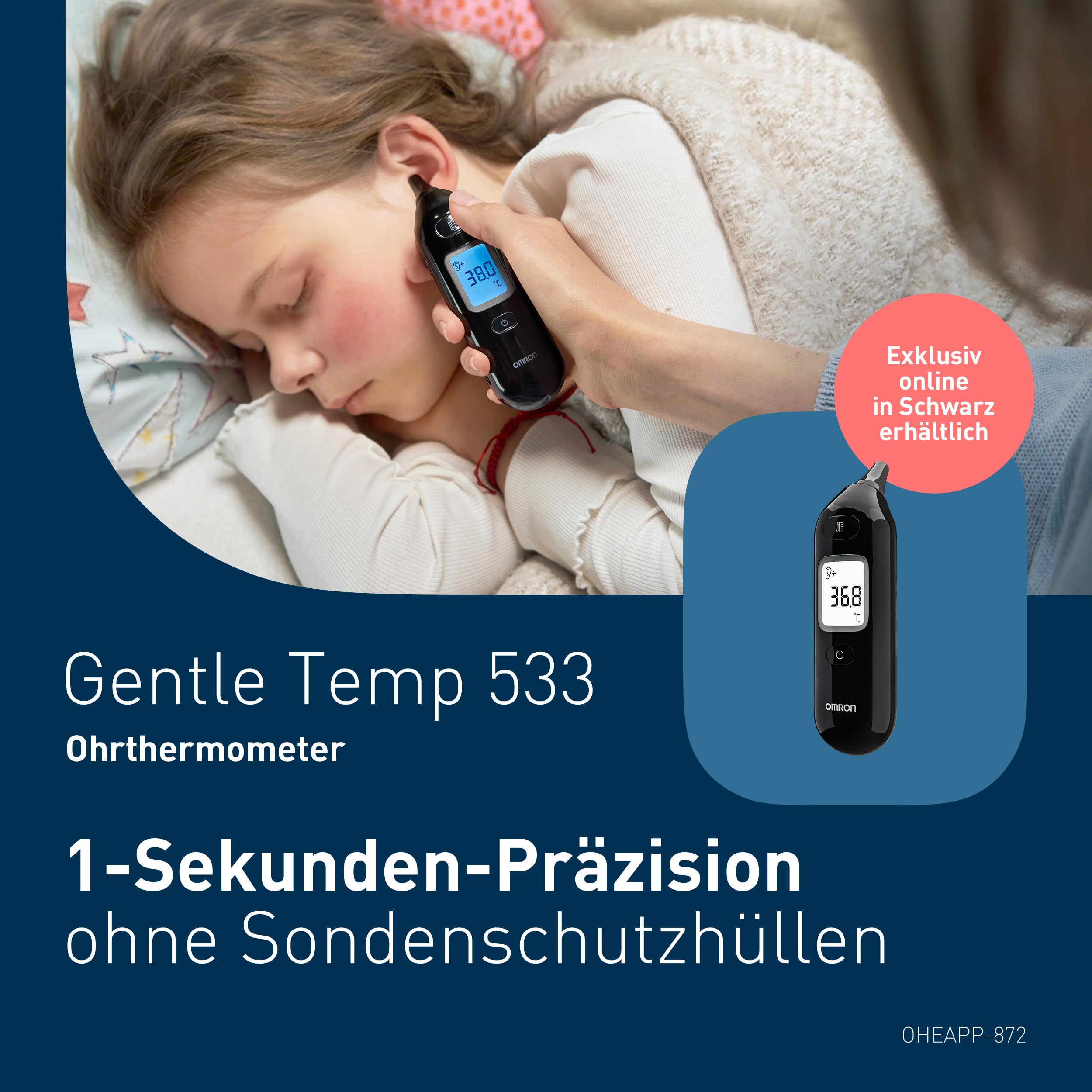 OMRON Gentle Temp 533 Infrarot Fieberthermometer Ohr für Kinder, Babys und Erwachsene, kontaktloses Digitalthermometer für schnelle, genaue Messungen ohne Berührung, Sonde ohne Schutzhülle, schwarz