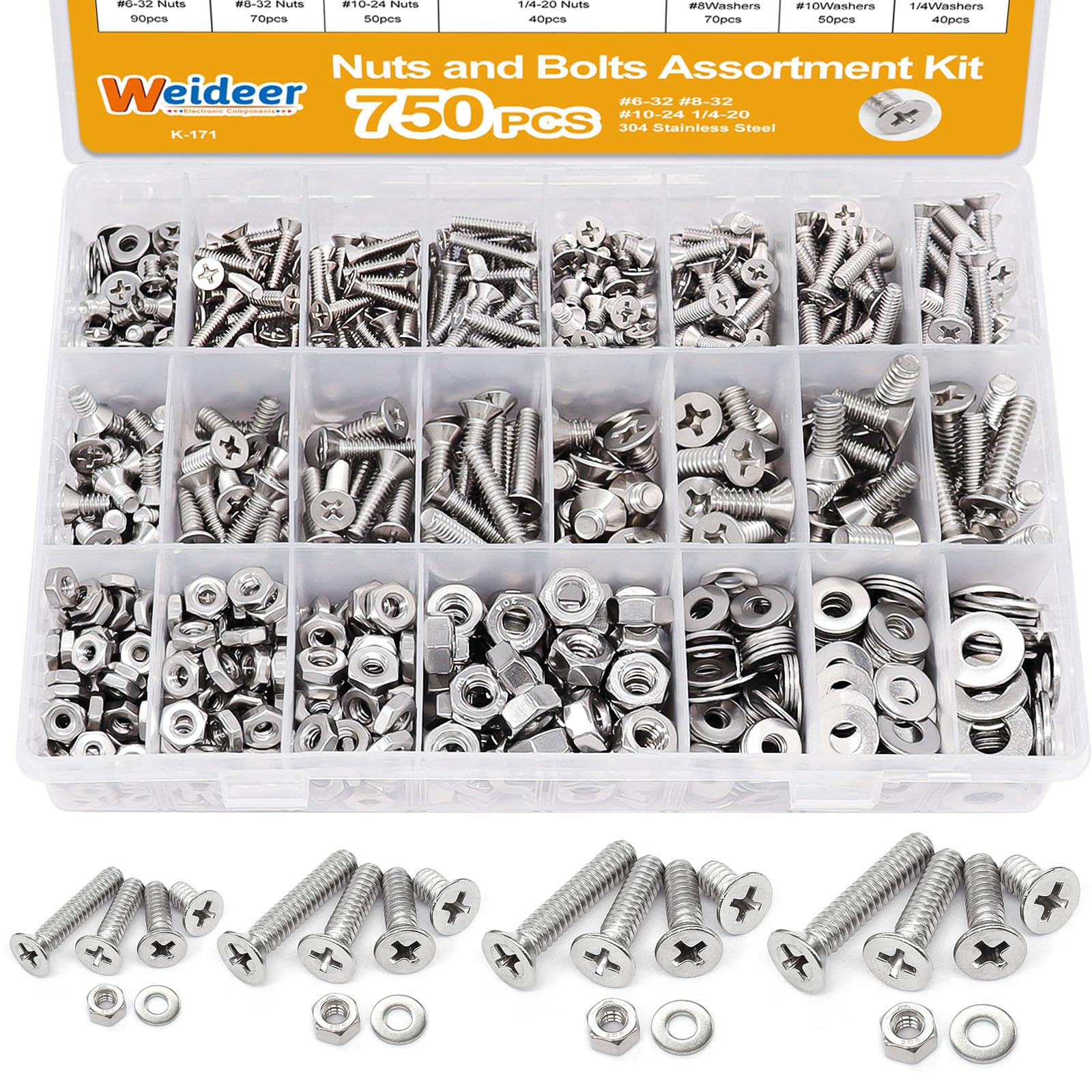 weideer 750PCS Nuts and Bolts Assortment Kit,Stainless Steel Machine Screws, #6-32#8-32#10-24#1/4-20Phillips Flat Head Screws Assorted with Nuts, Bolts,Washers