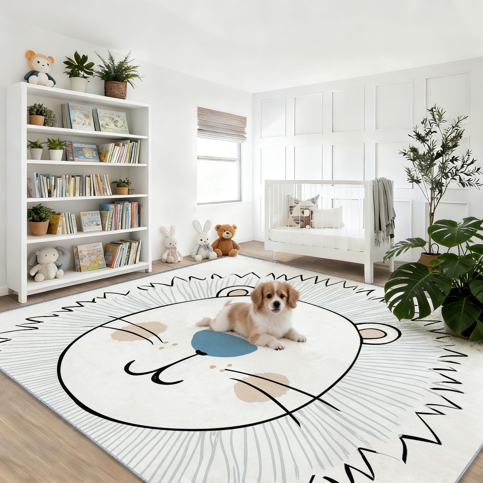 Tapis de Salon Lavable en Machine Blanc Dessin Animé Lion Dessin Au Trait Animal Faible Poil Antidérapant avec Motif Imprimé Tapis Chambre pour la Chambre à Coucher, 80 x 150 cm