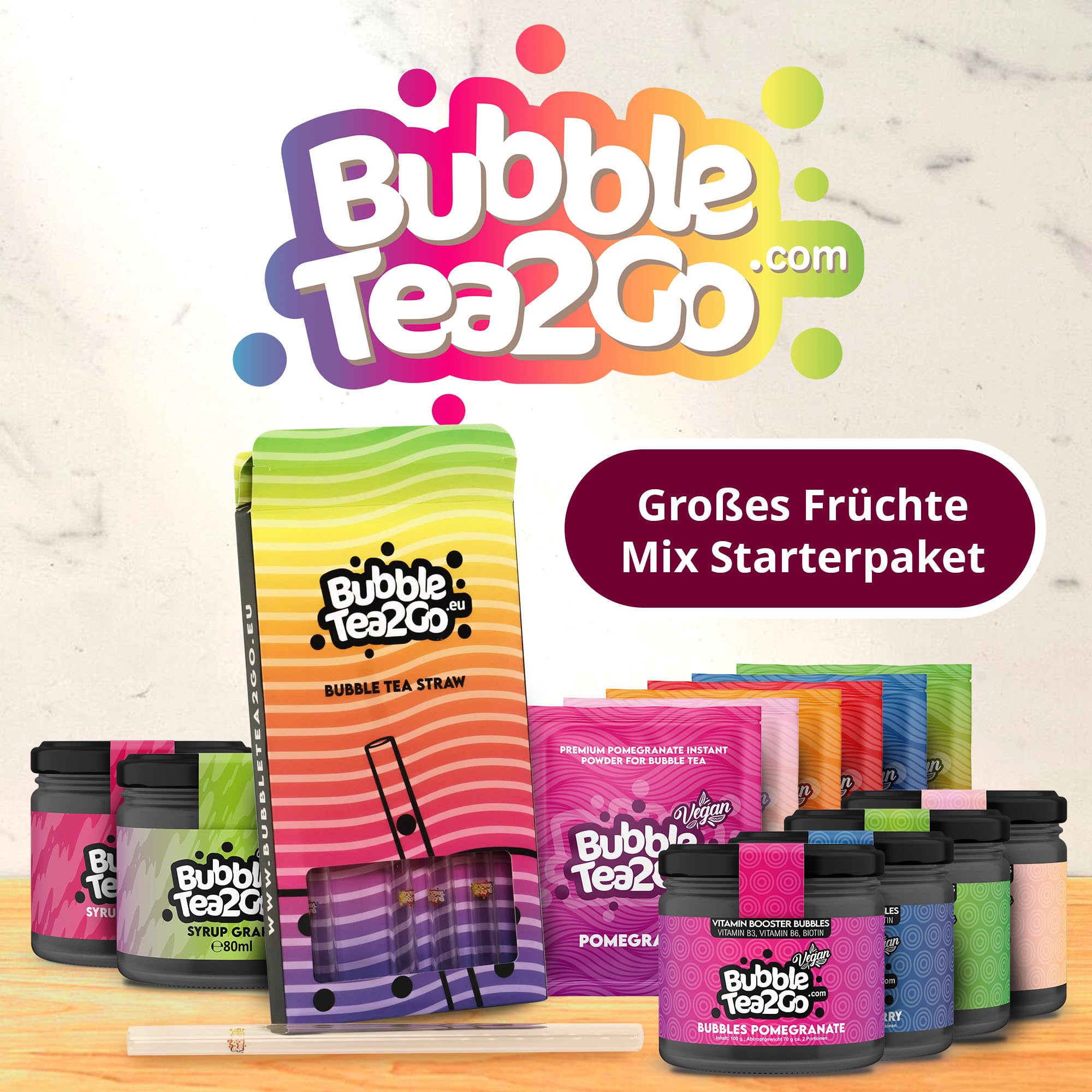BubbleTea2Go - Großes Früchtemix Starterpaket - DIY Bubble Tea Set, 6x Premium Bubble Teas, mit 4x Bubble Perlens, 2x Bubble Tea Sirup und Zubehör - Boba Tea Kit für Parties