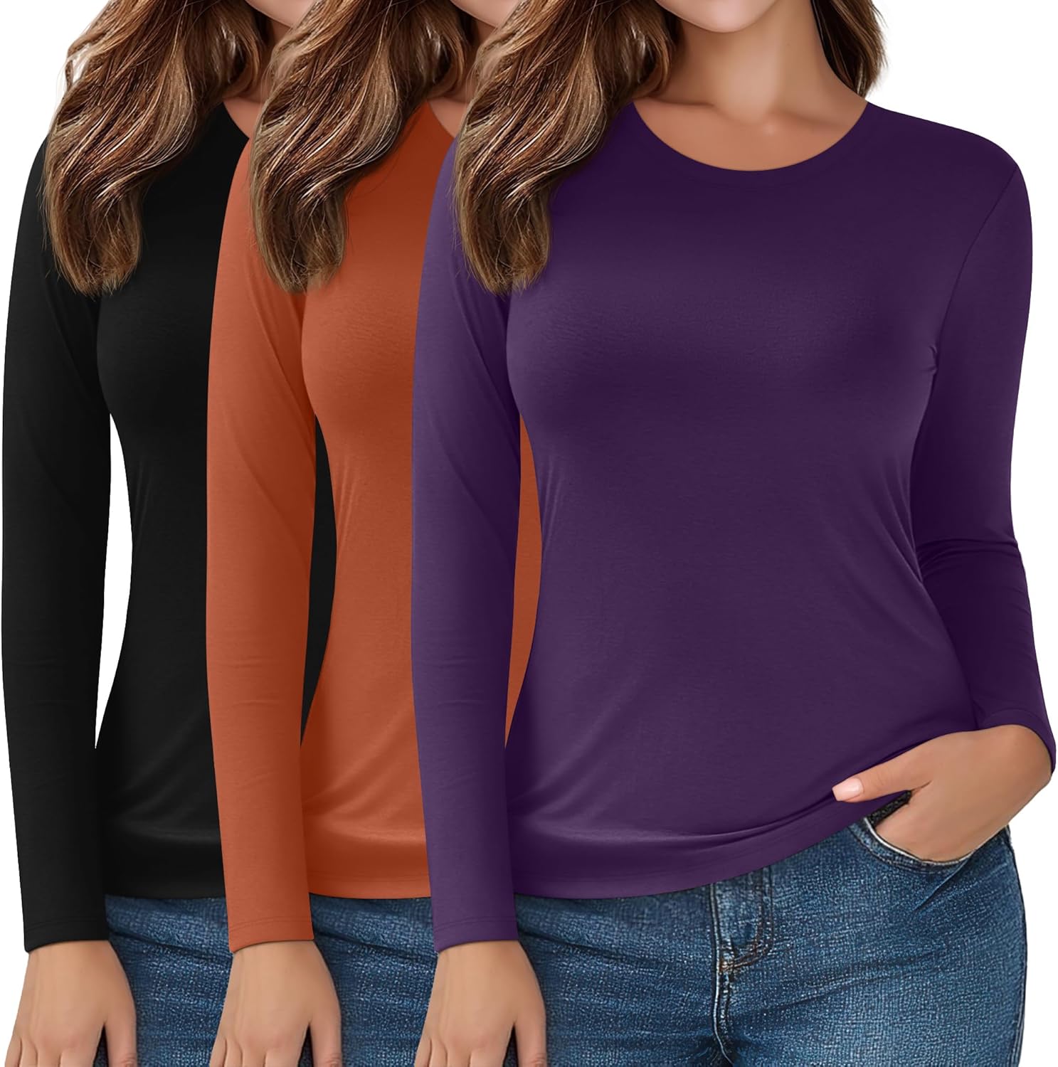 3 Pack Women's Plus Size Long Sleeve Shirts Crew Neck Slim Fitted T Shirt Stretchy ...