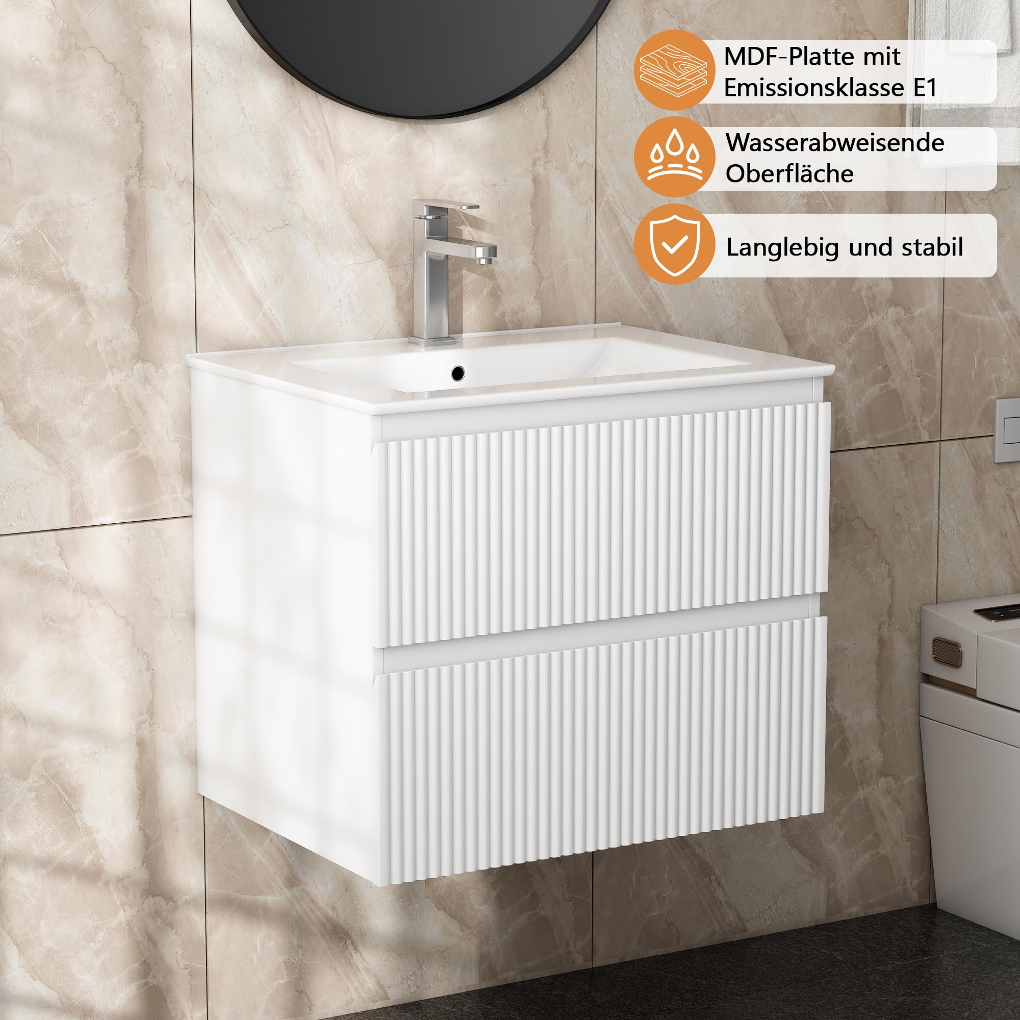 Mueble de Baño Suspendido 60 cm con Lavabo de Cerámica y 2 Cajones Profundos | Panel con Acabado Estriado Vertical, MDF E1 Antihúmedo, Blanco