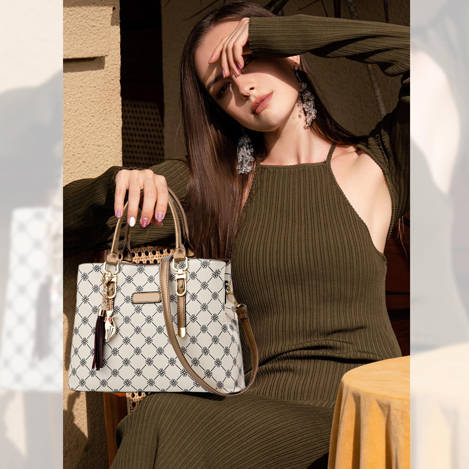 NICOLE & DORIS Borsa Mano Donna Borsa a Tracolla Borsa Donna Elegante Borse Tote Media Borse a Spalla in PU Pelle Borsetta da Giorno con Ciondolo Beige con Marrone