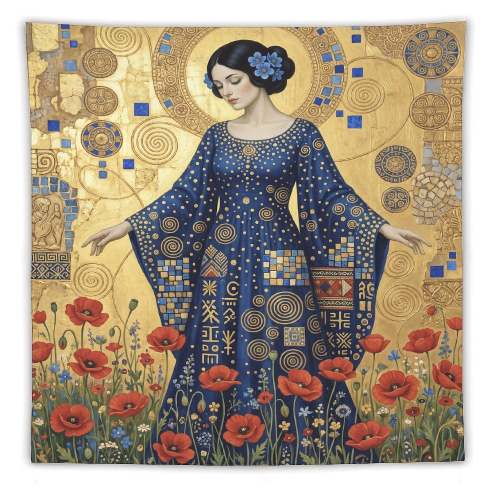 W7C8U2X3 Golden Mosaic Woman Wall Tapestry, Mosaic Style, Blue Robe