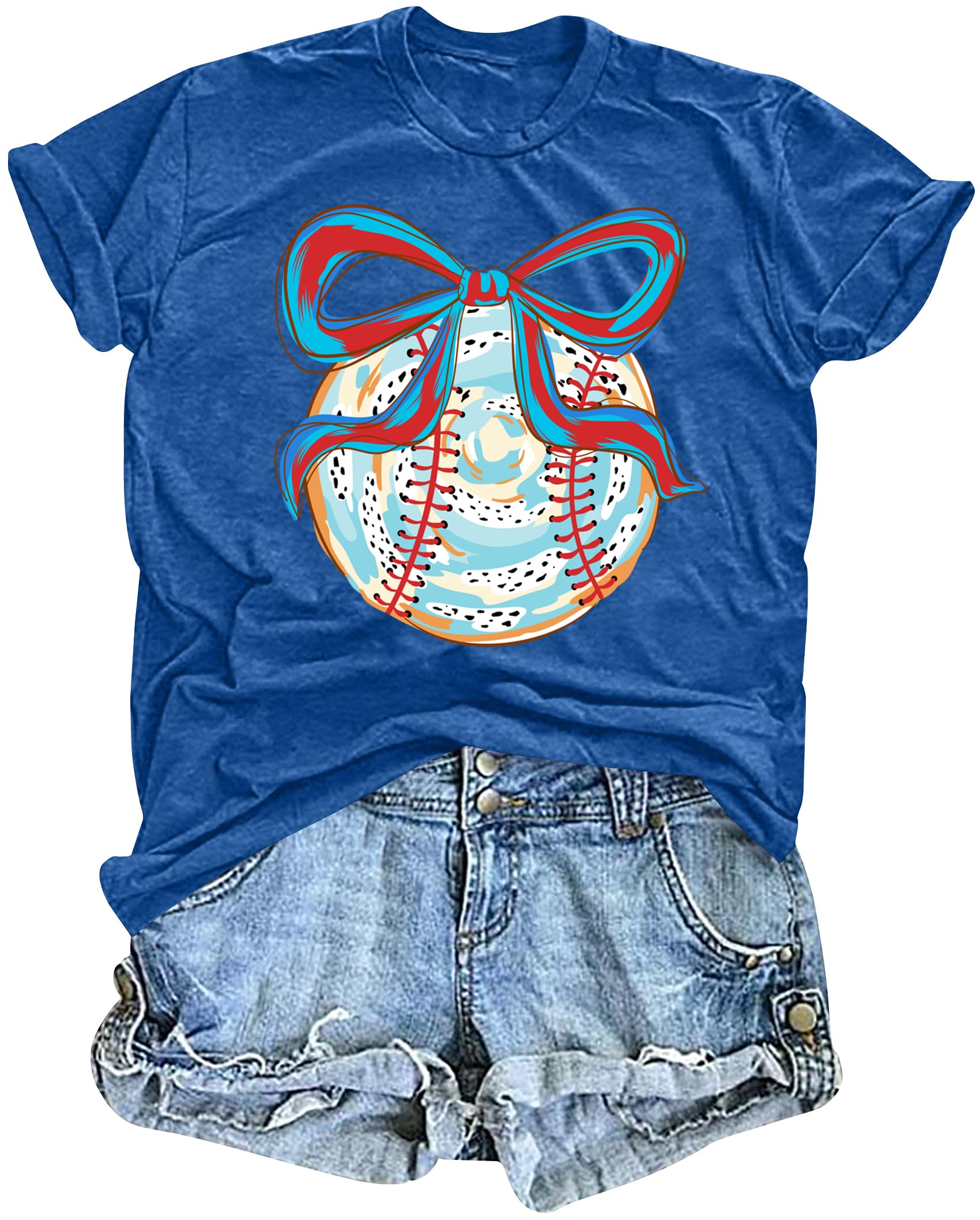 PICKID Baseball Shirts Women Baseball Bow Graphic T-Shirt Mom Gifts Tees Game Day Short Sleeve Tops