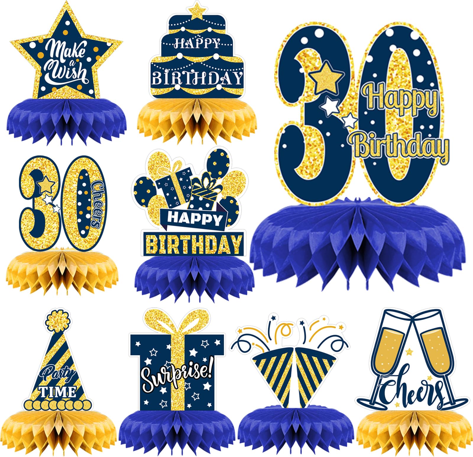 30th Birthday Decorations, 9 Pieces Blue Glod Honeycomb Centerpieces Table Decorations Reusable Table Toppers Happy 30th Birthday Table Decorations for Women Men