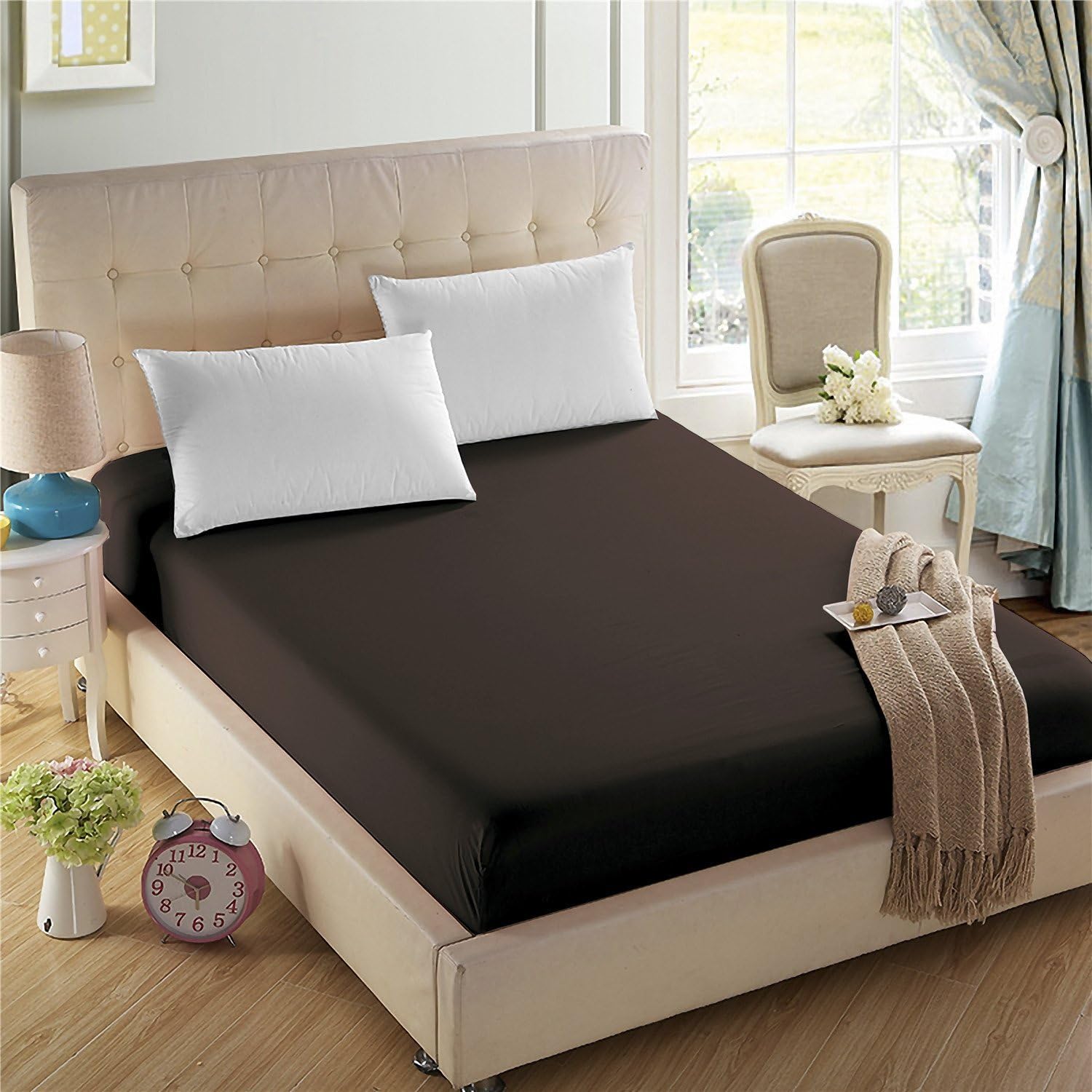 4U'LIFE Single Fitted Sheet, Prime 1800 Series, Ultra Soft & Comfortable, Double Brushed Microfiber (Dark Brown, Queen)