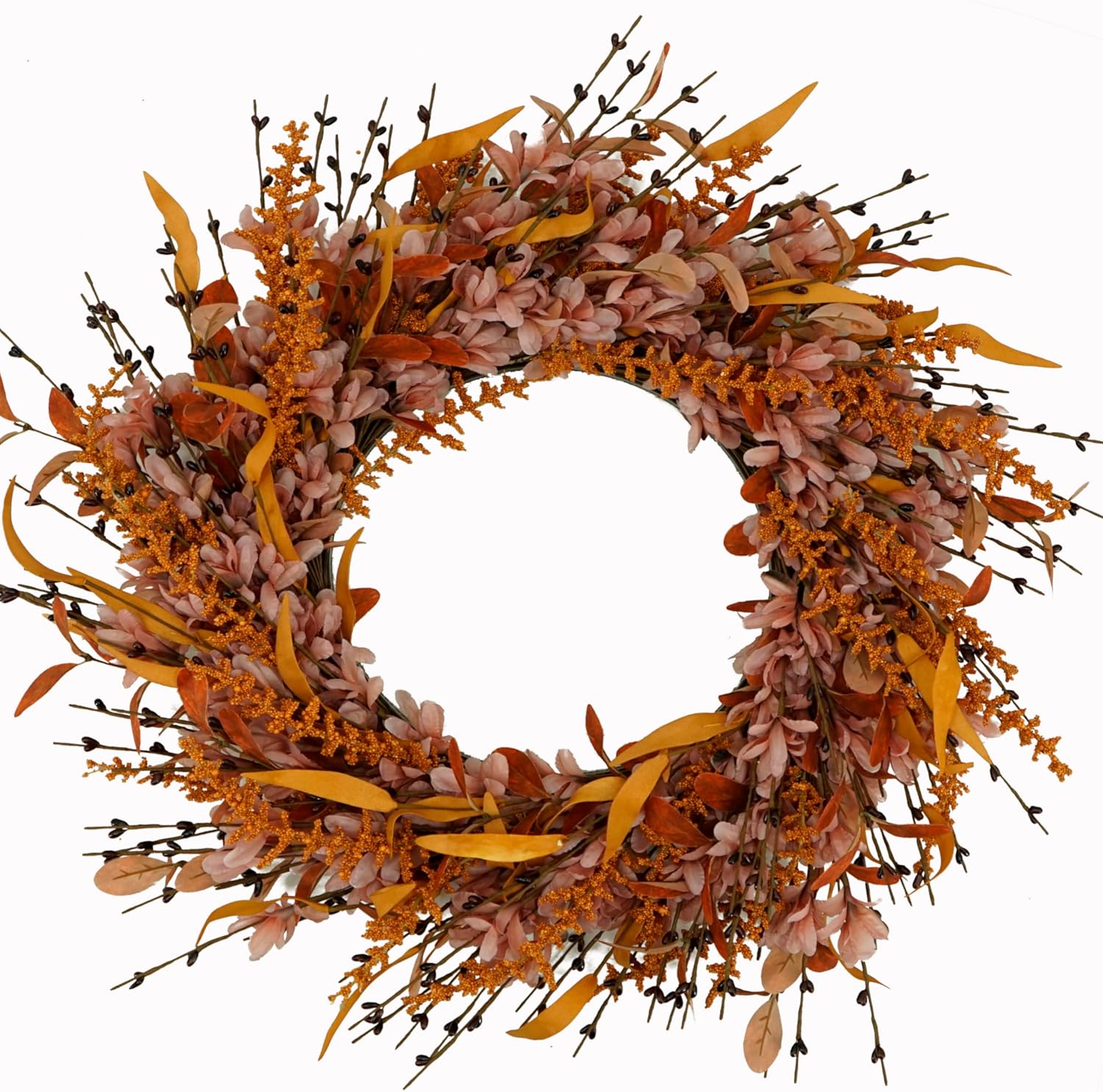 Artificial Fall Wreaths for Front Door Outside 22 inch Autumn Wreath with Orange Leaves,earhead for Indoor Outdoor Farmhouse Porch Window Home Decoration