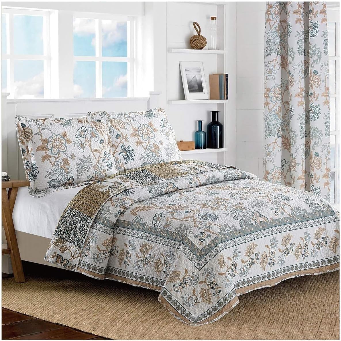 All American Collection New Reversible 3pc Floral Printed Blue/White Bedspread/Quilt Set Matching Curtains Available (Queen Size)
