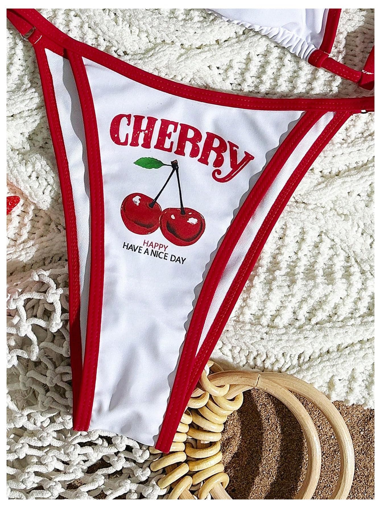 QJQ Women's 3 Piece Cherry Bikini Set Tie Back Swimsuit with Cover Up Mersh Tops Cute Cheeky Bathing Suits: Medium White