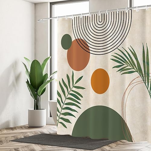 GiuMsi Cortina de ducha bohemia de hojas de mediados de siglo de 72 x 72 pulgadas, diseño de arco solar, patrón de hojas minimalistas, tela de