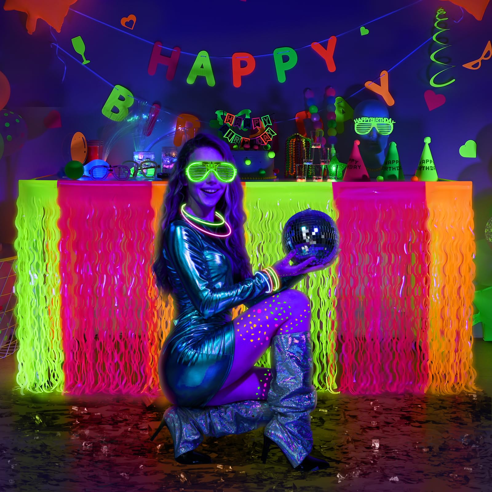 Mega-L Glow in The Dark Party Supplies, 2 Pack Neon Party Decorations Fluorescent Macaron Orange, Yellow and Fuchsia Wavy Metallic Tinsel Foil Fringe Table Skirts, Perfect Table Decors Glow Decors