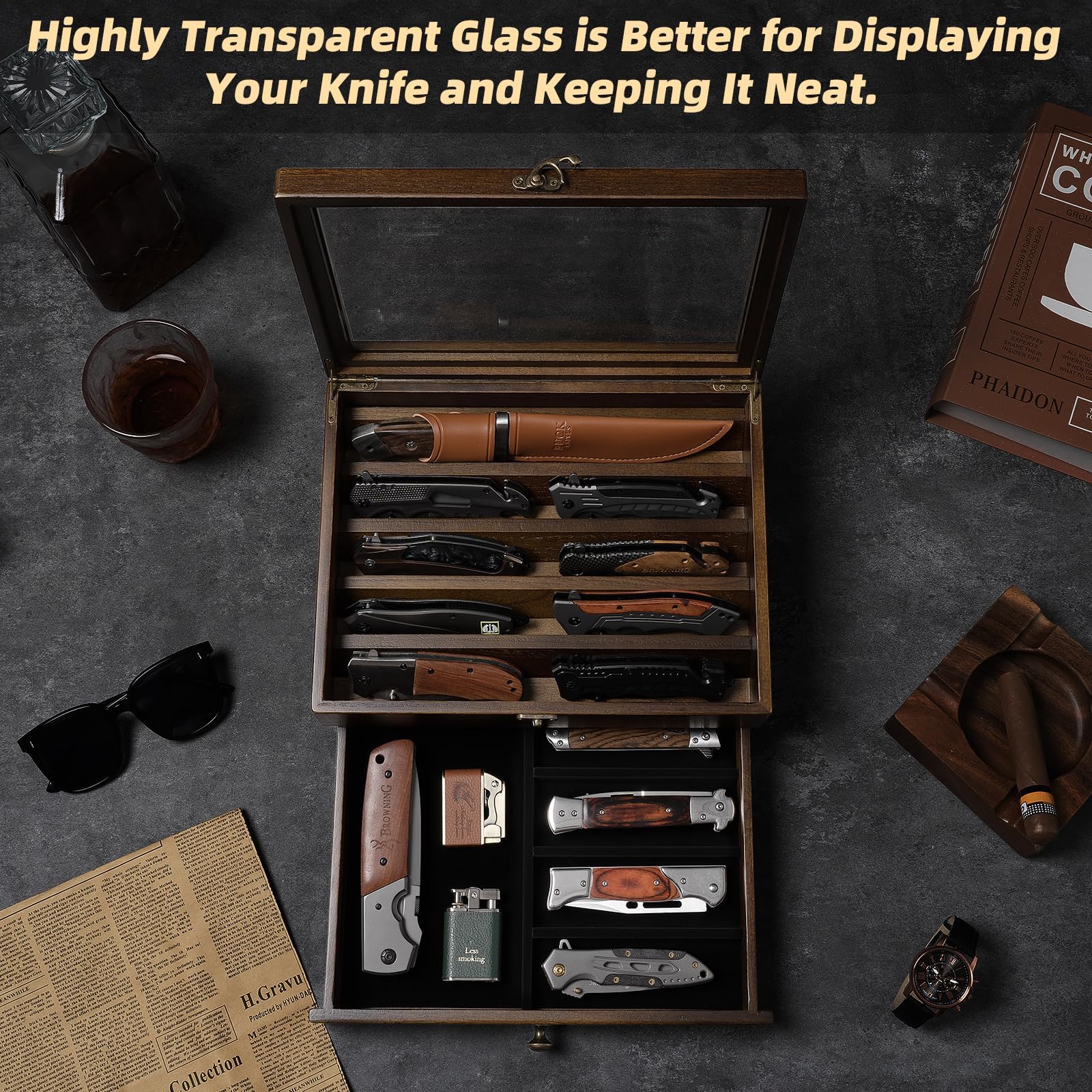 Messer-Vitrine, Messersammlungs-Präsentationsständer mit Glasdeckel, 2 Etagen Taschenmesserkoffer aus Holz mit Schubladen, für Aufbewahrung Verschiedene Messer, Heimdekoration (Walnuss)