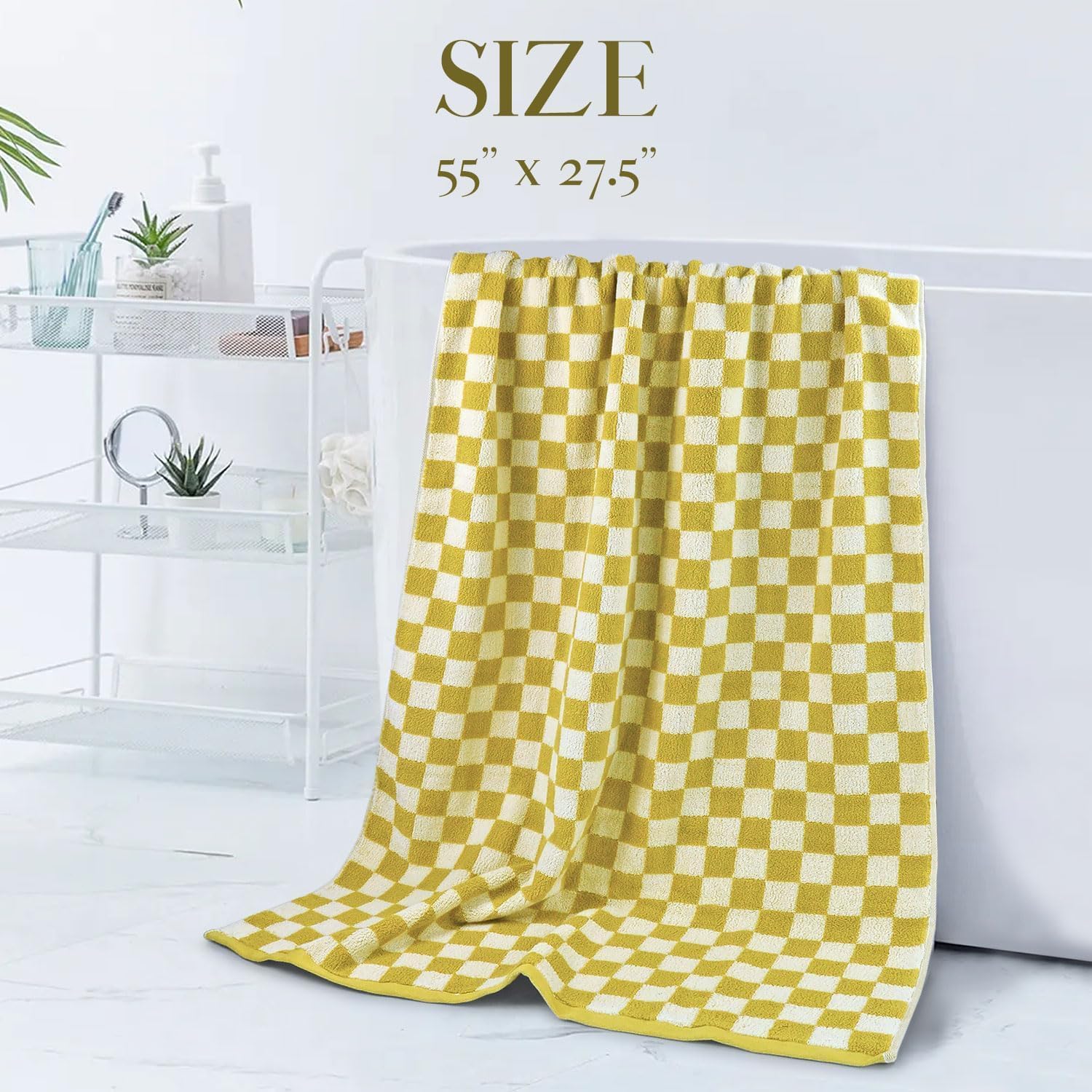 Lot de 2 serviettes de bain de luxe d'automne en coton à carreaux pour séchage du corps, 140 x 69 cm, jaune moutarde