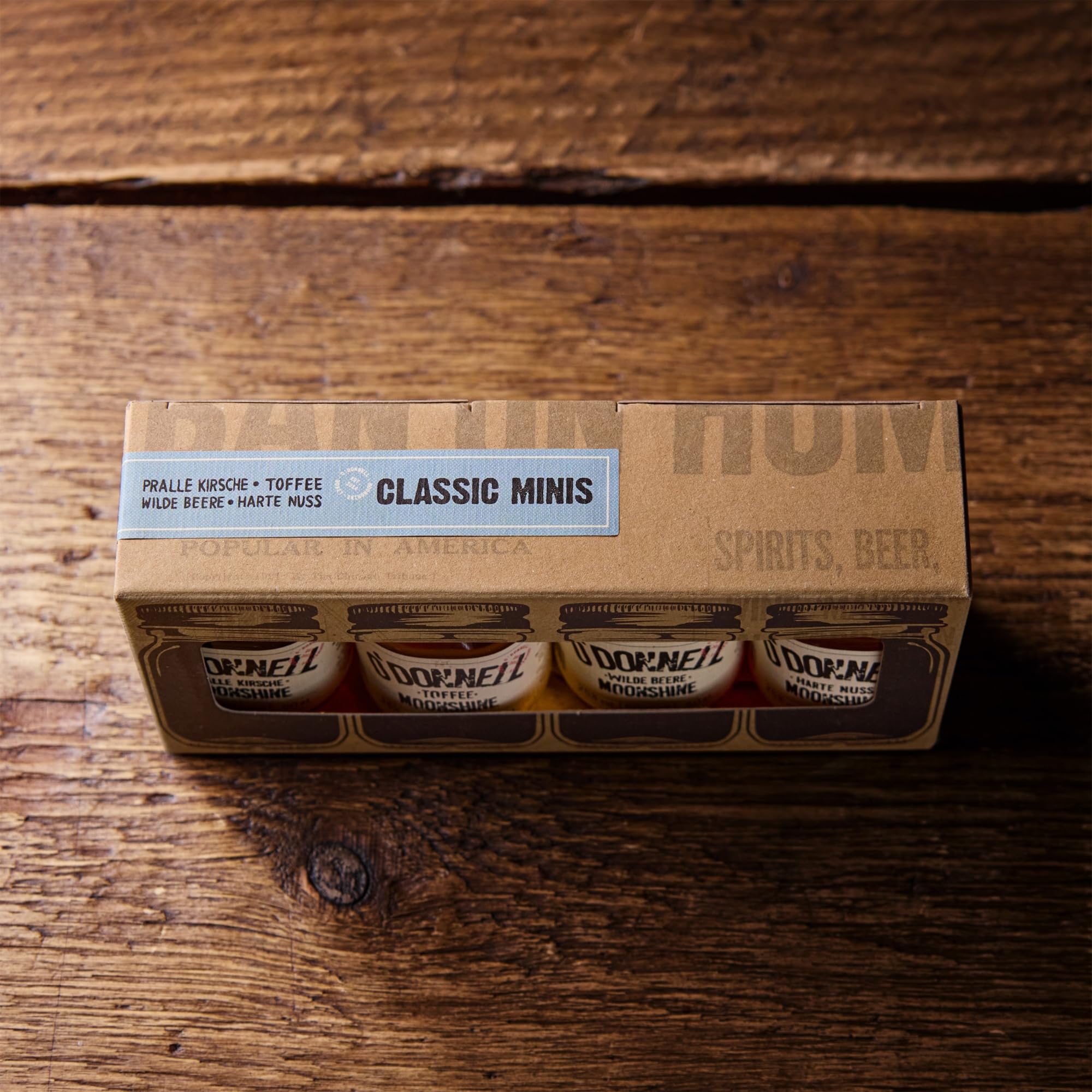 O'Donnell Moonshine Geschenkset (Classic) Made in Berlin - 4x Premium Likör in Original Mason Jars (mini) – Geschenke für Männer & kleine Weihnachtsgeschenke – Probierset Whiskey & Schnaps Liebhaber