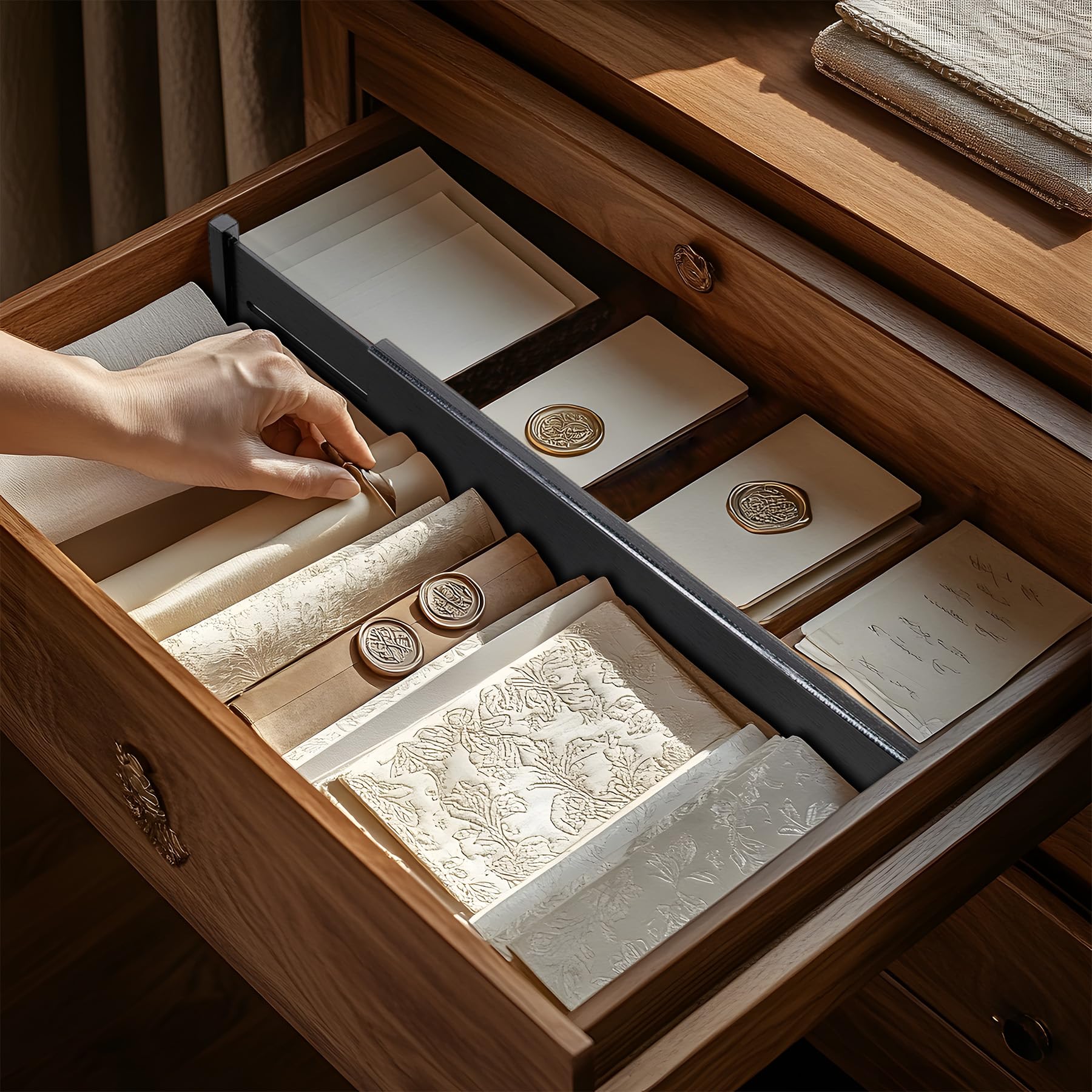 Utoplike Divisori per cassetti in bambù di grandi dimensioni, cassetti da cucina regolabili alti 10,1 cm per l'abbigliamento, con caricamento a molla, per bagno, cassettiera, scrivania, 4 pz.