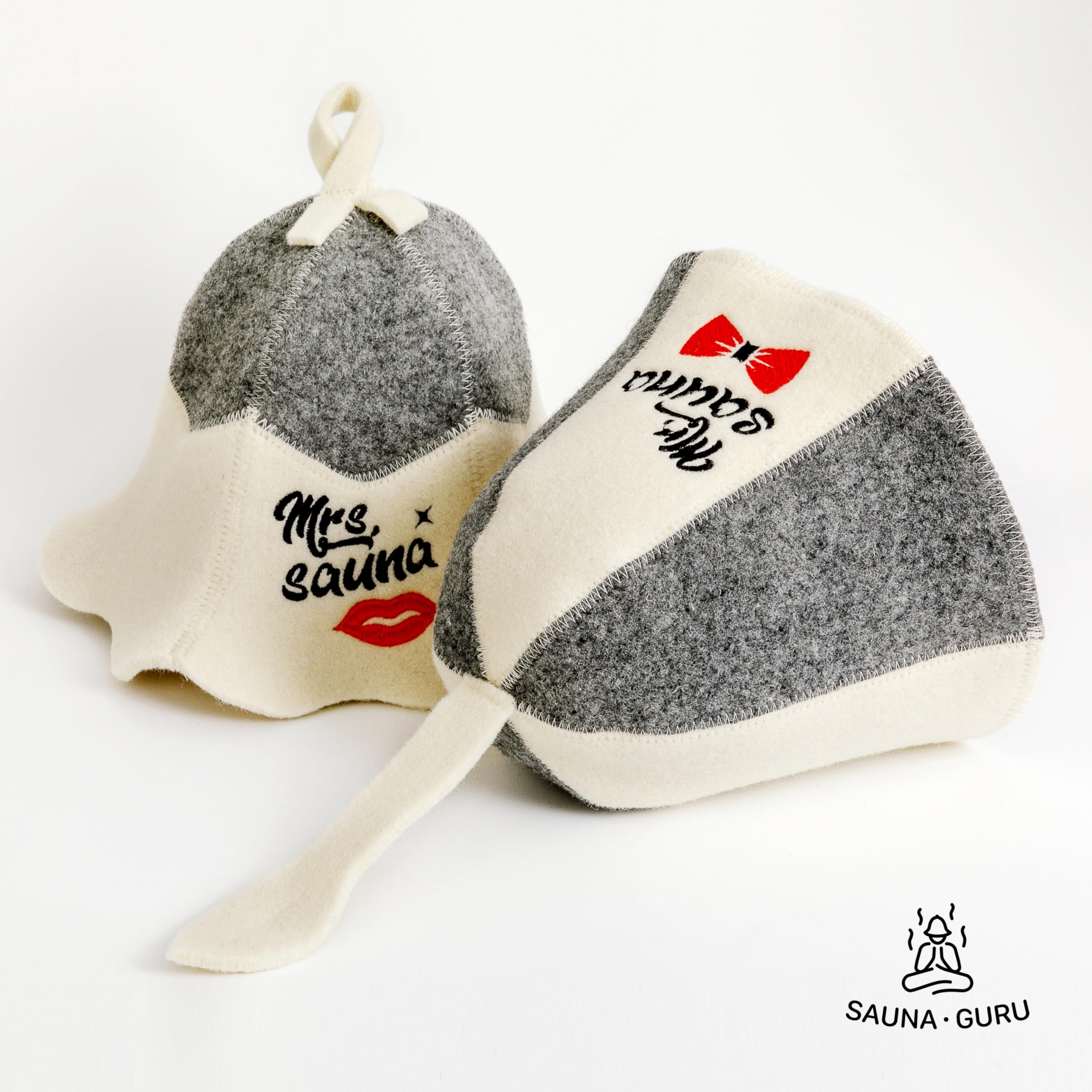 SAUNA GURU Sauna Hat 'Mrs and Mrs Sauna' White - 100% Organic Wool Felt Hats for Russian Banya - Protect Your Head from Heat - English Sauna eBook Guide Included - with Embroidery