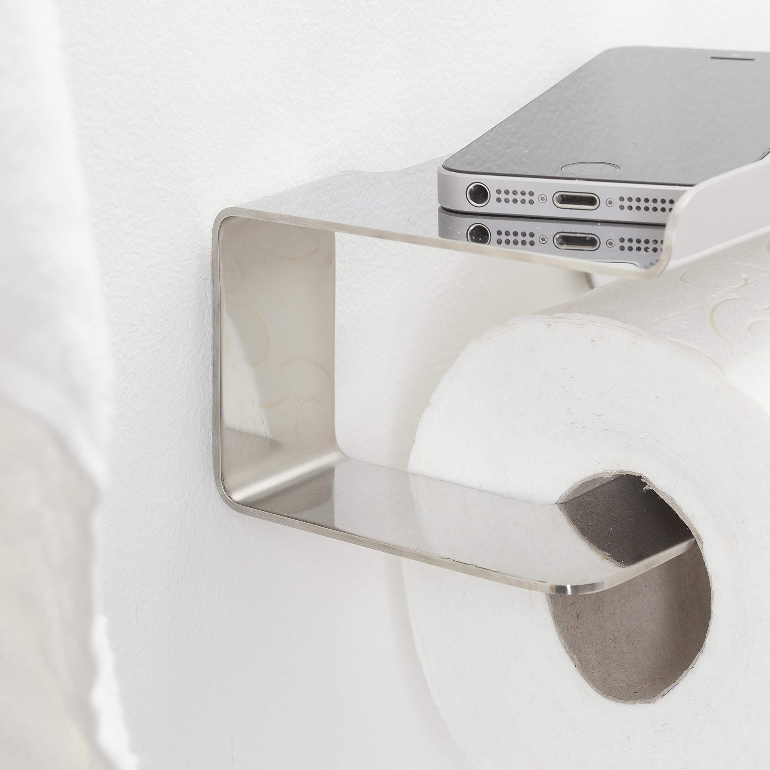 Tiger Colar Badaccessoire-Set, 3-teilig, bestehend aus Toilettenpapierhalter mit Ablage, Haken und WC-Bürste zur Wandbefestigung, Montage ohne Bohren Dank integrierter Klebefolie, Edelstahl poliert