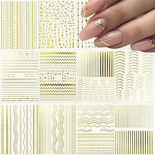 12 Sheets Gold Line Nail Stickers Decals 3D Self Adhesive Nail Decals Fr...