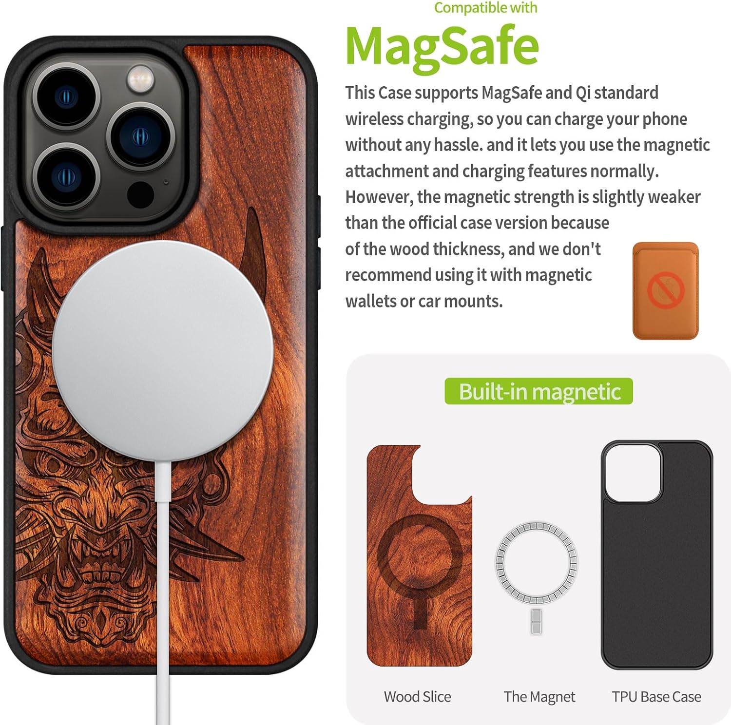 Carveit Magnetic Wooden Case for iPhone 15 Pro Case, Compatible with MagSafe Wireless Chargers, Black Soft TPU Shockproof Cover & Wood Artisan Engraved (Japanese Oni Mask) - Rosy