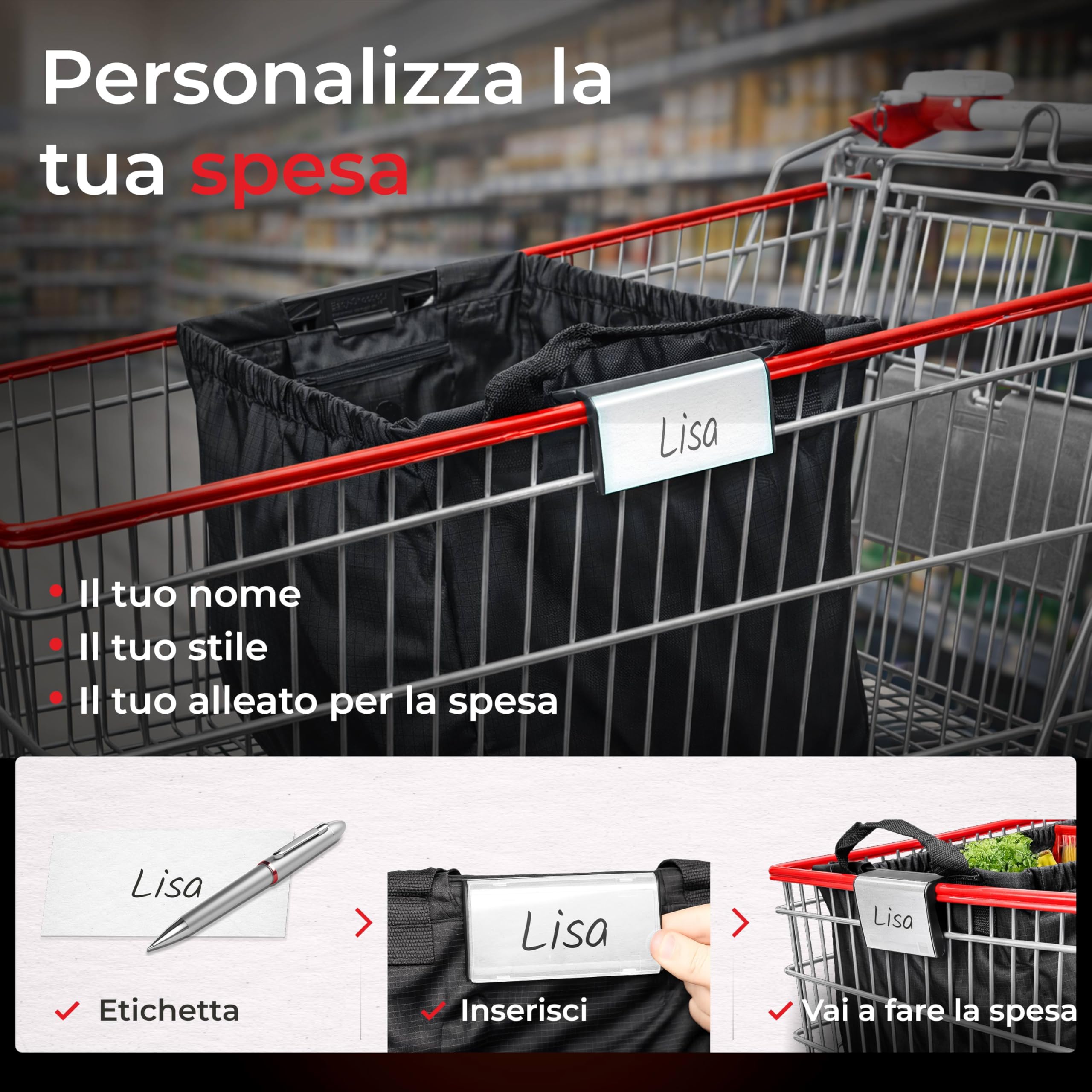 achilles Borsa Spesa Stoffa Pieghevole con Scomparto Raffreddamento e Porta Bottiglie - 40L Grande Shopping Bag - Nero - 54x35x39 cm