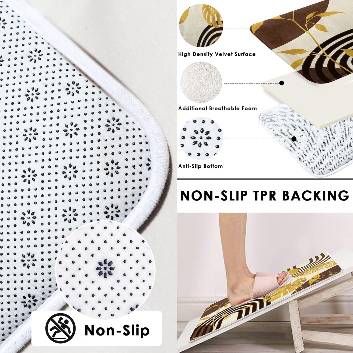 Boho Brown Shower Curtain Set with Toilet Lid Cover and Non-Slip Rugs, Gold Tropical Abstract Geometric 4 Pcs Modern Minimalist Vintage Shower Curtain for Bathroom Set with 12 Hooks
