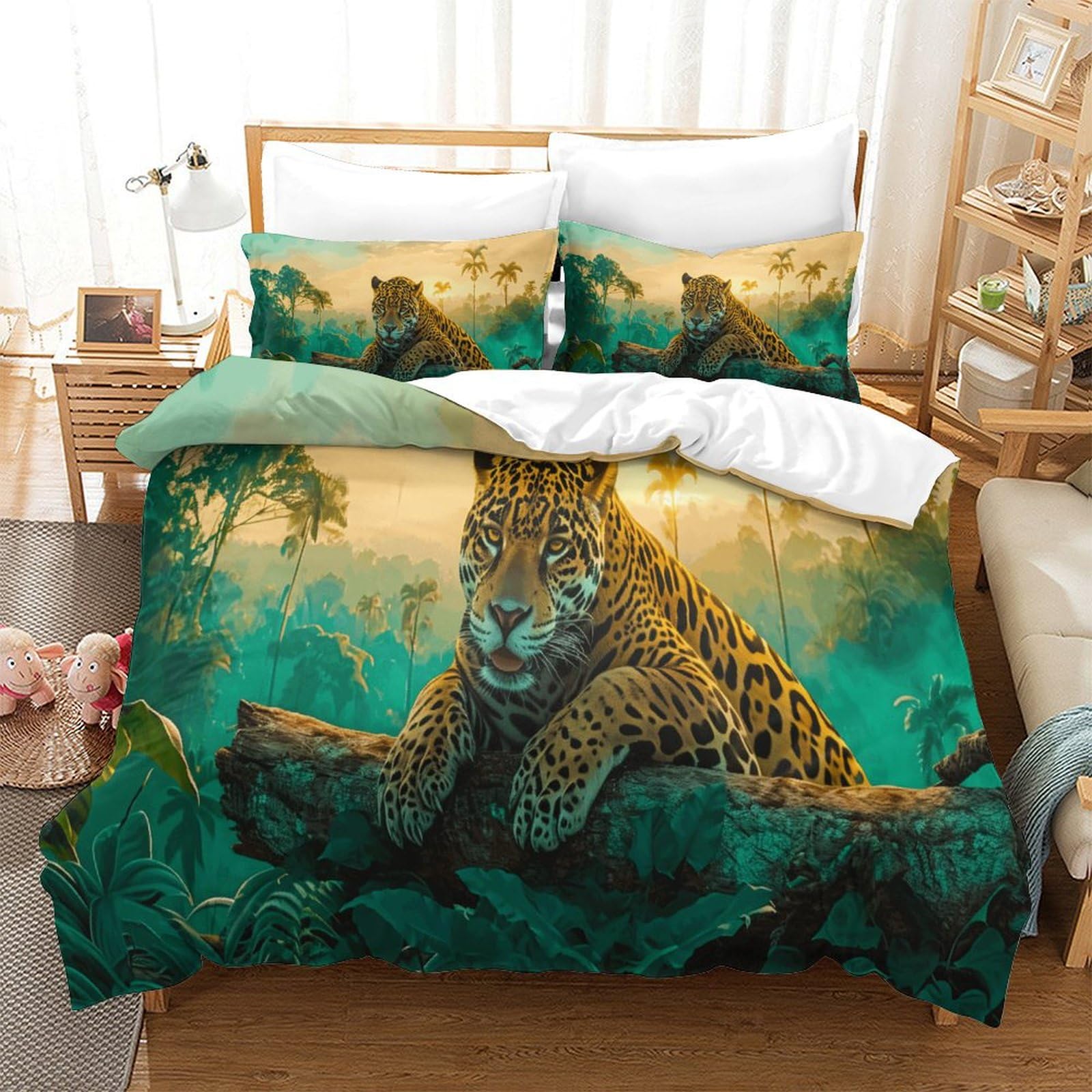 P1s9u7w5y Jaguar-2 3D Printed Tropical Leopard Jungle 3Pcs Microfiber Duvet Cover Set Animal Green Bedding Set King（220X240cm）