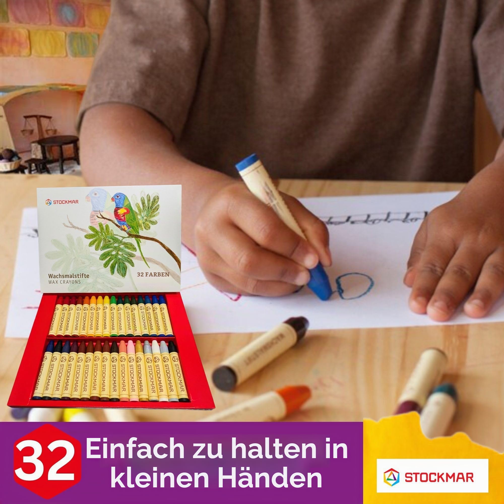 STOCKMAR - Wachsmalstifte | Wachsmalstifte mit natürlichem Bienenwachs für Kinder und Erwachsene, 32 Farben Set | Inhalt: 32xWachsmalstifte (8x7x2cm) inkl. Schaber im Kartonetui