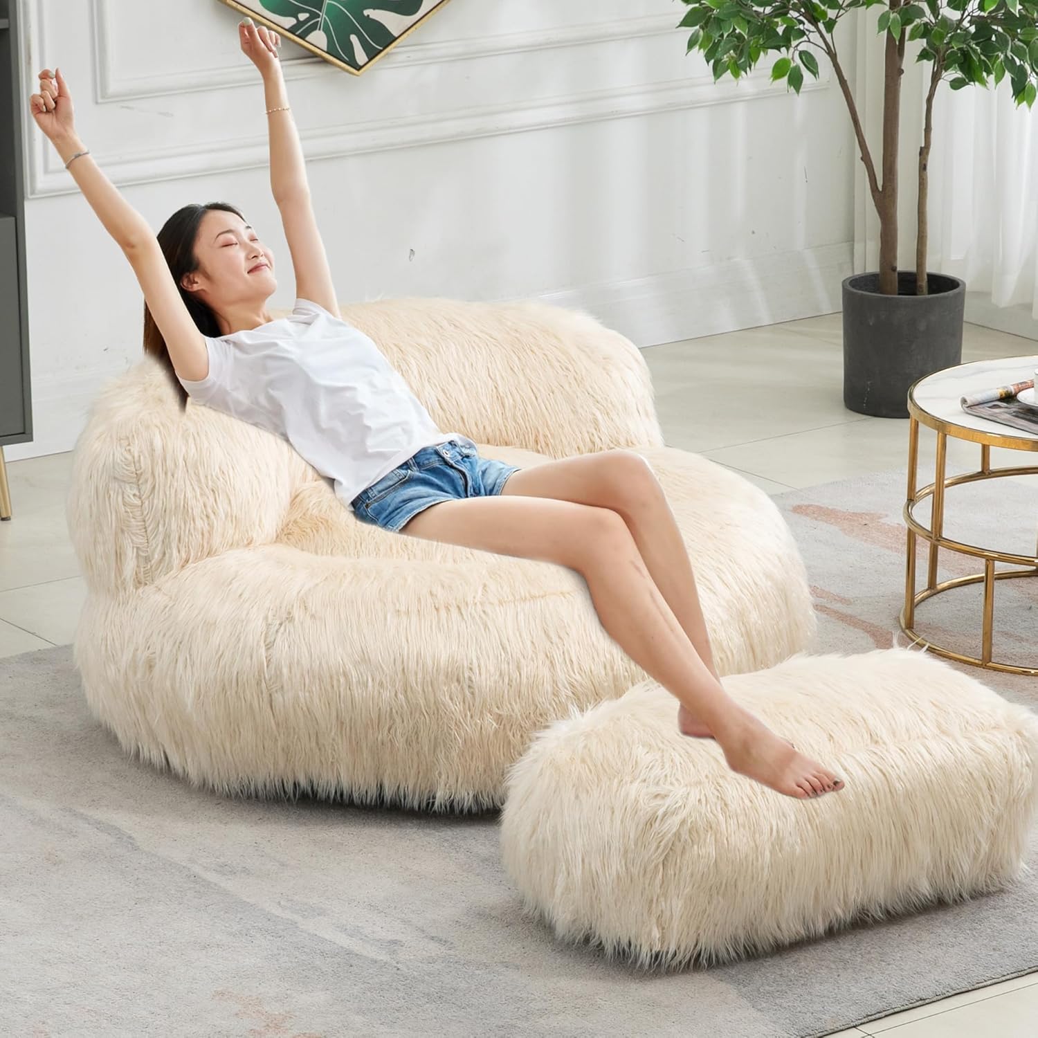 RXRRXY Bean Bag Chair with Footrest, Plush Beanbag Chair