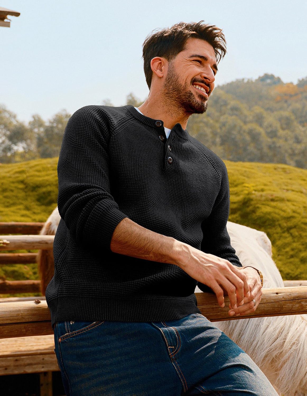 PJ PAUL JONES Mens Sweaters Casual Waffle Pullover Sweater Button Crewneck Textured Knit Henley Sweaters - Image 4