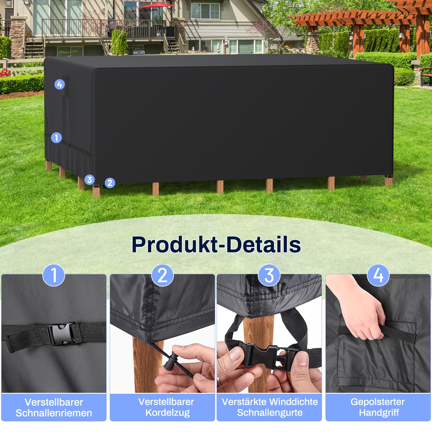 Aujink Beschermhoes voor tuinmeubelen, afdekzeil voor tuintafel, Oxford-stof, 420D, beschermhoes voor buiten, waterdicht, winddicht, uv-bescherming, rotan meubelhoes, zwart, 125 x 63 x 74 cm