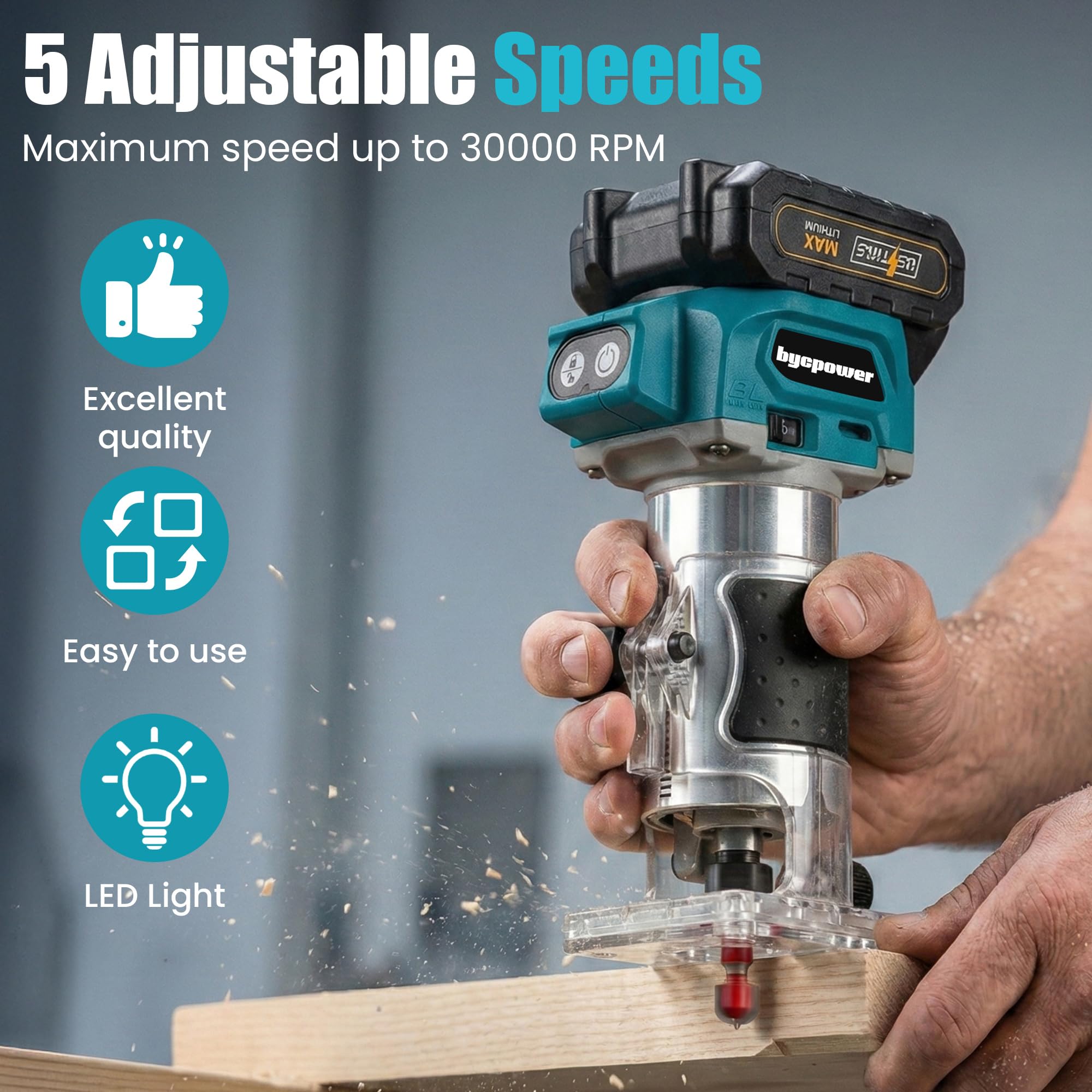 Akku Oberfräse für Ma-Kita 18V Akku, 30000 RPM Bürstenloser Motor, 5-Stufen Kantenfräse mit 2 Akku, Kabellose Holzfräse mit 6,35mm Durchmesser, mit 15pcs 1/4" Fräser für Holz & Kunststoff