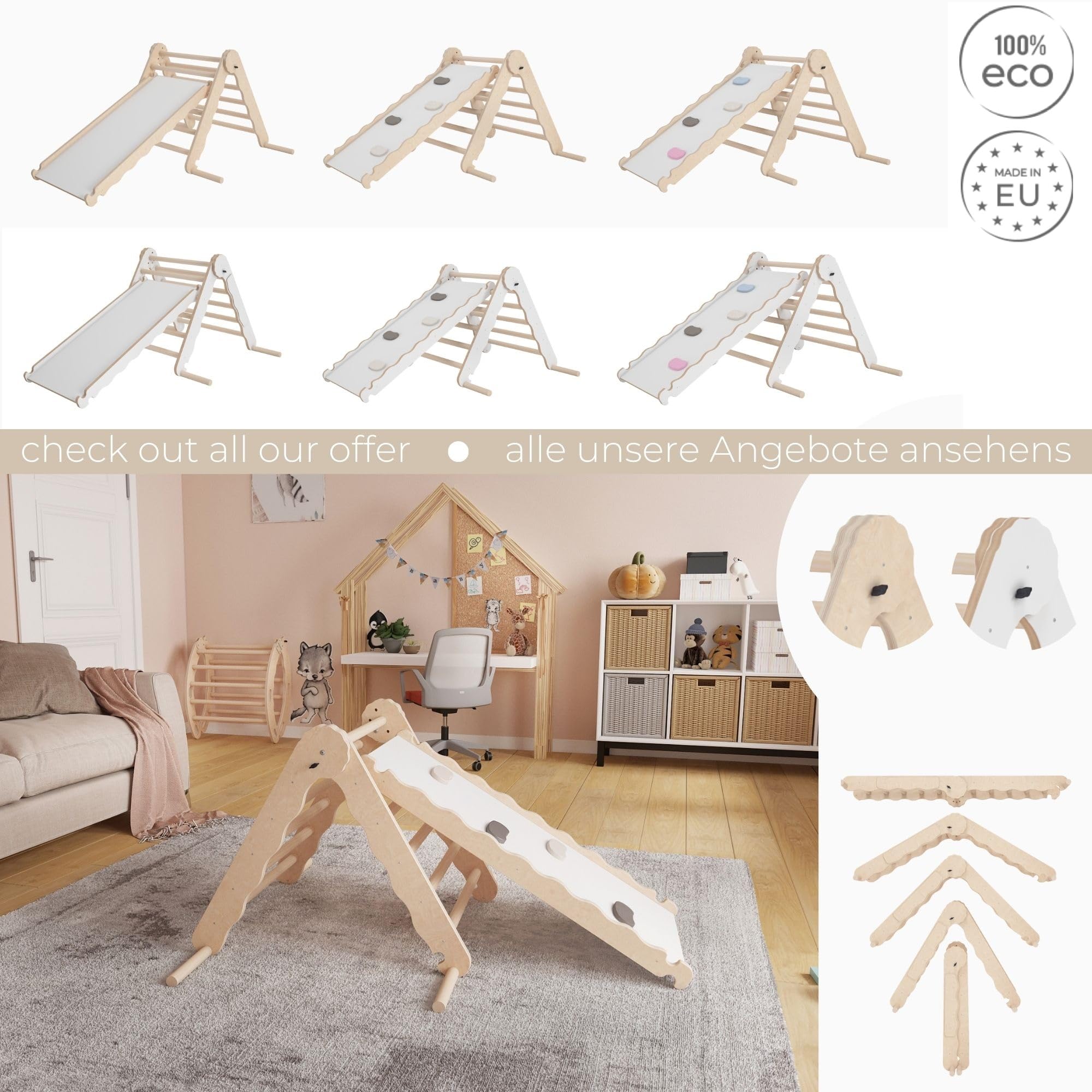 MAMOI® Klettergerüst Indoor, Kletterdreieck mit Rutsche aus Holz, Kletterturm mit Rutschbrett, Kletterbogen, Regenbogenwippe, Montessori Spielzeug