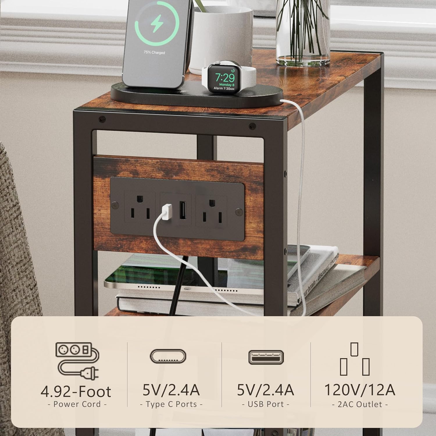 End Table with Charging Station, 3-Tier Side Table for Small Space, Skinny Nightstand with USB/Type C Port and 2 Outlets, Slim Beside Table for Living Room, Bedroom, Balcony, Rustic Brown