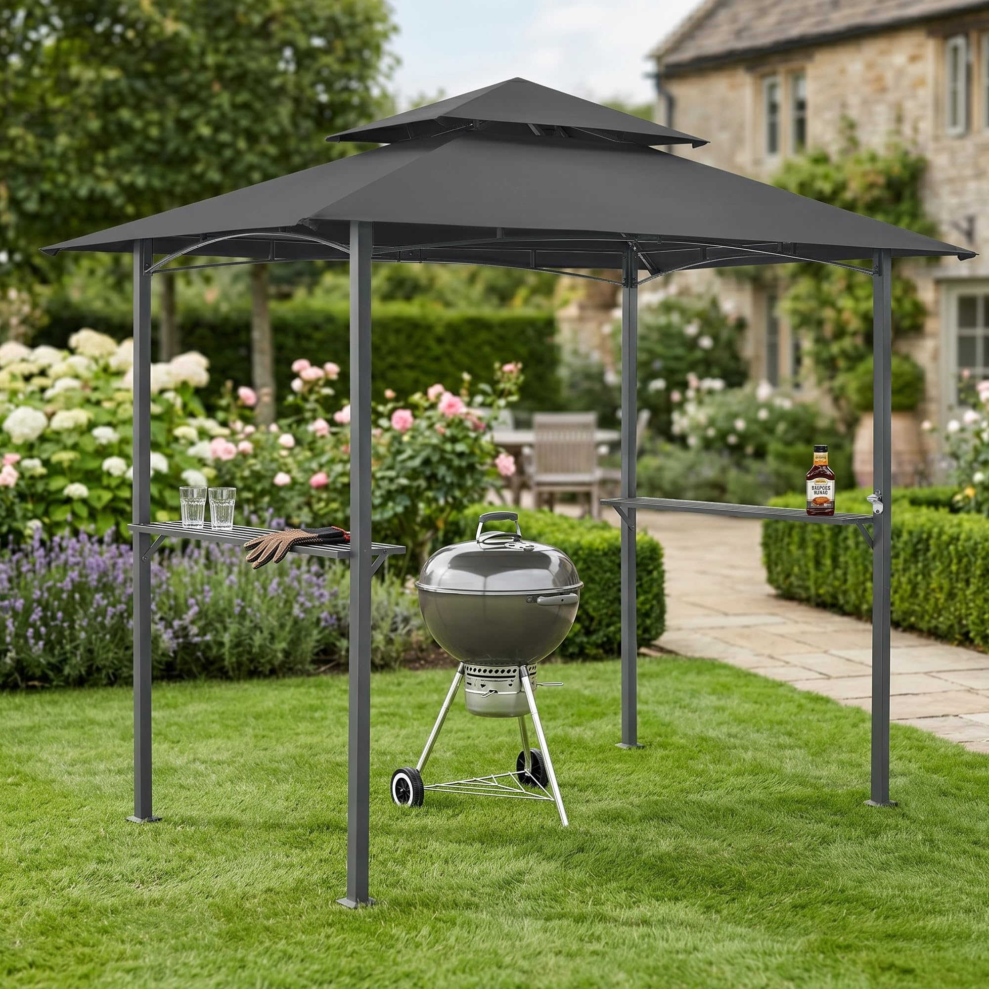 Tonnelle de Barbecue Auvent de Réception pour Jardin Tente avec Comptoir Belvédère Robuste Extérieur Acier Laqué Polyester 250 x 241 x 151 cm Anthracite Gris Foncé