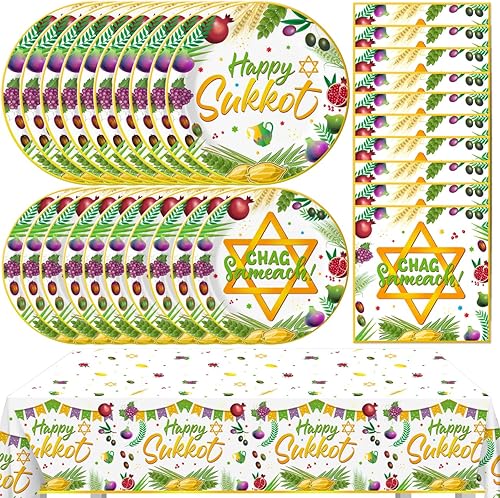 Happy Sukkot - Juego de vajilla de Sukkah, suministros para fiesta, incluye 1 mantel de Sucot, 20 platos de Sucot y 10 servilletas para fiestas