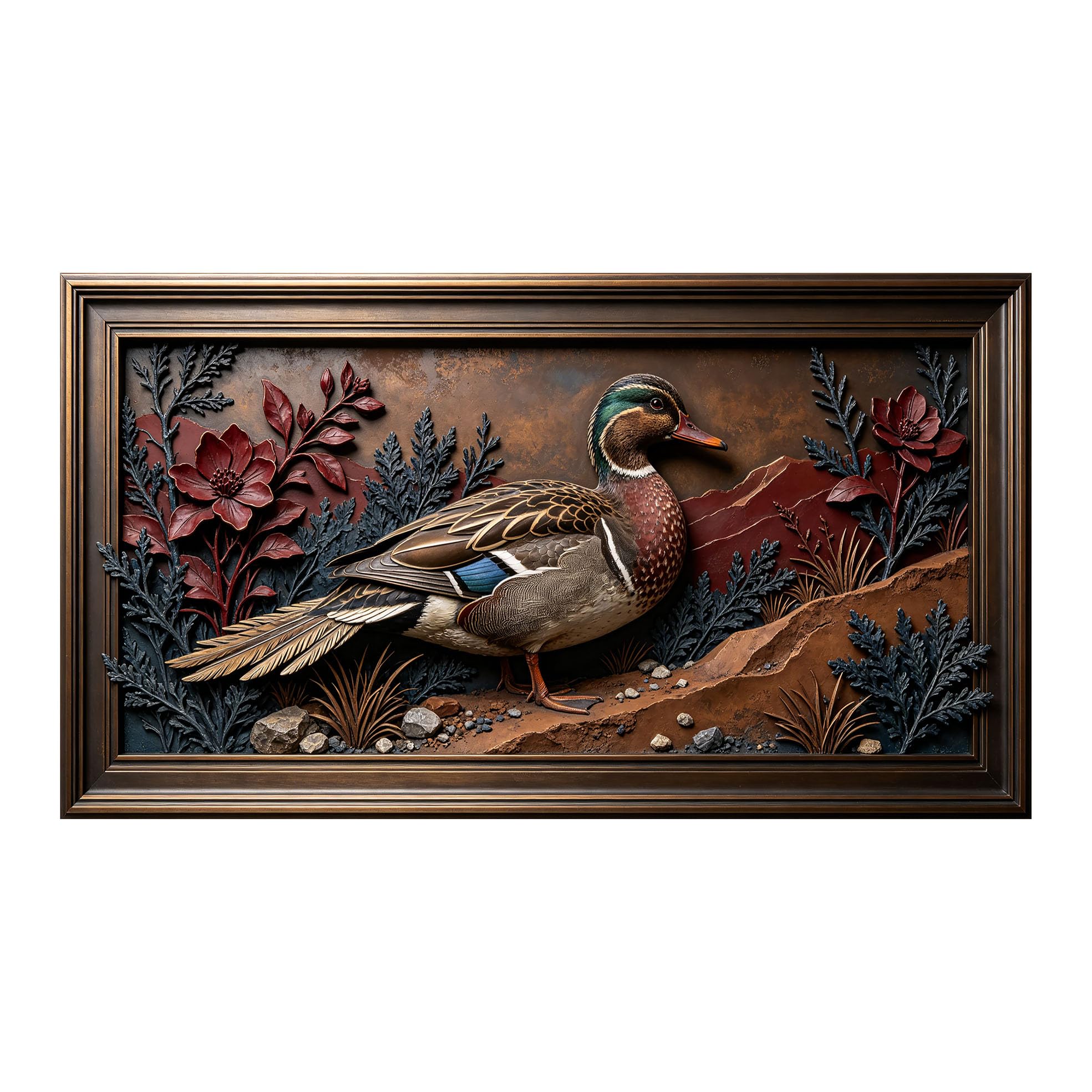 Yzpallescene 3D 3D Framed Wall Art 50cm×90cm Rustic Duck Wildlife Relief Effect Large Size SelfAdhesive Removable Wall Decor Prints Artwork for Living Room Bedroom Office