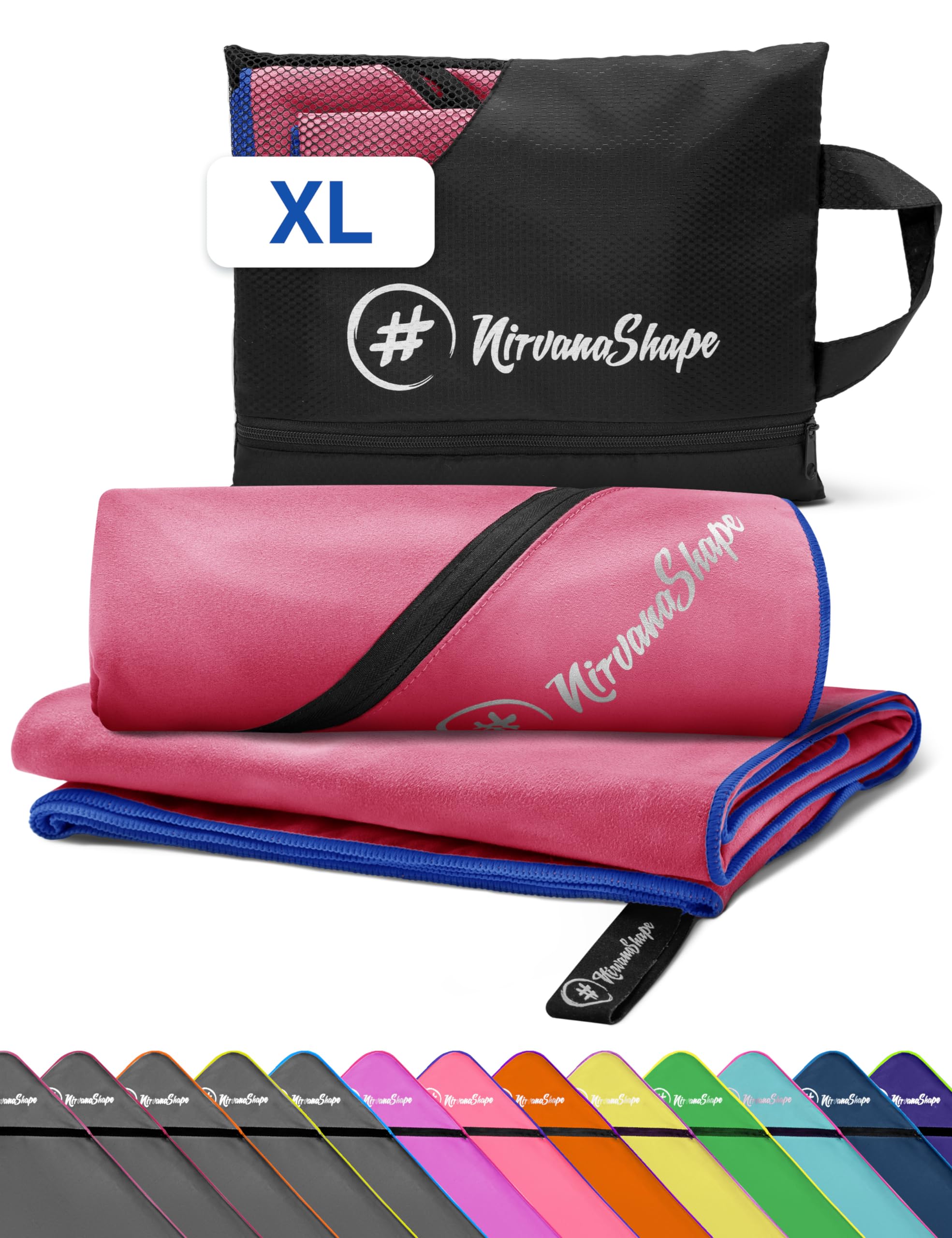 NirvanaShape Microfiber - Large Towel for Beach Travel, Fitness, XL 200 x 100 cm, Coral Red / Blue Seam, XL: 200 x 100 cm