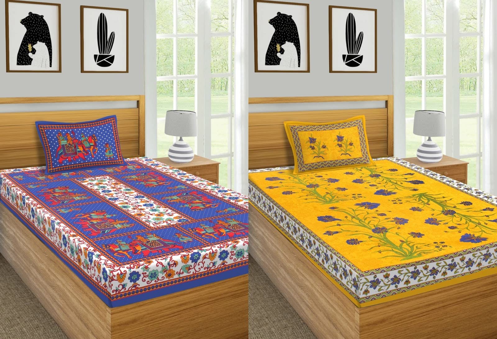 VNV Creation® Single Bed Cotton Fabric Rajasthani Jaipuri Printed Bedsheet Combo Pack 2 Bedsheet with 2 Pillow Cover-(Gangor-Blue+Kashmirkali-Yellow) (B0BR3XFZHV) Amazon Price History, Amazon Price Tracker